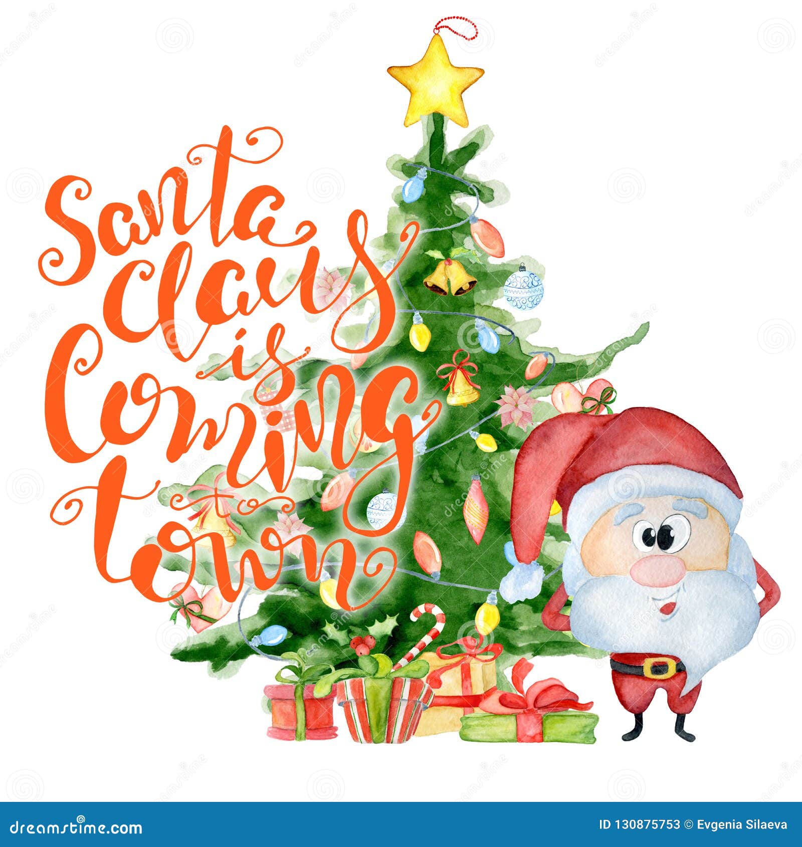 Merry Christmas Watercolor Card with Cute Funny Santa Claus and Pine Tree.  Lettering Quote Stock Illustration - Illustration of party, watercolor:  130875753