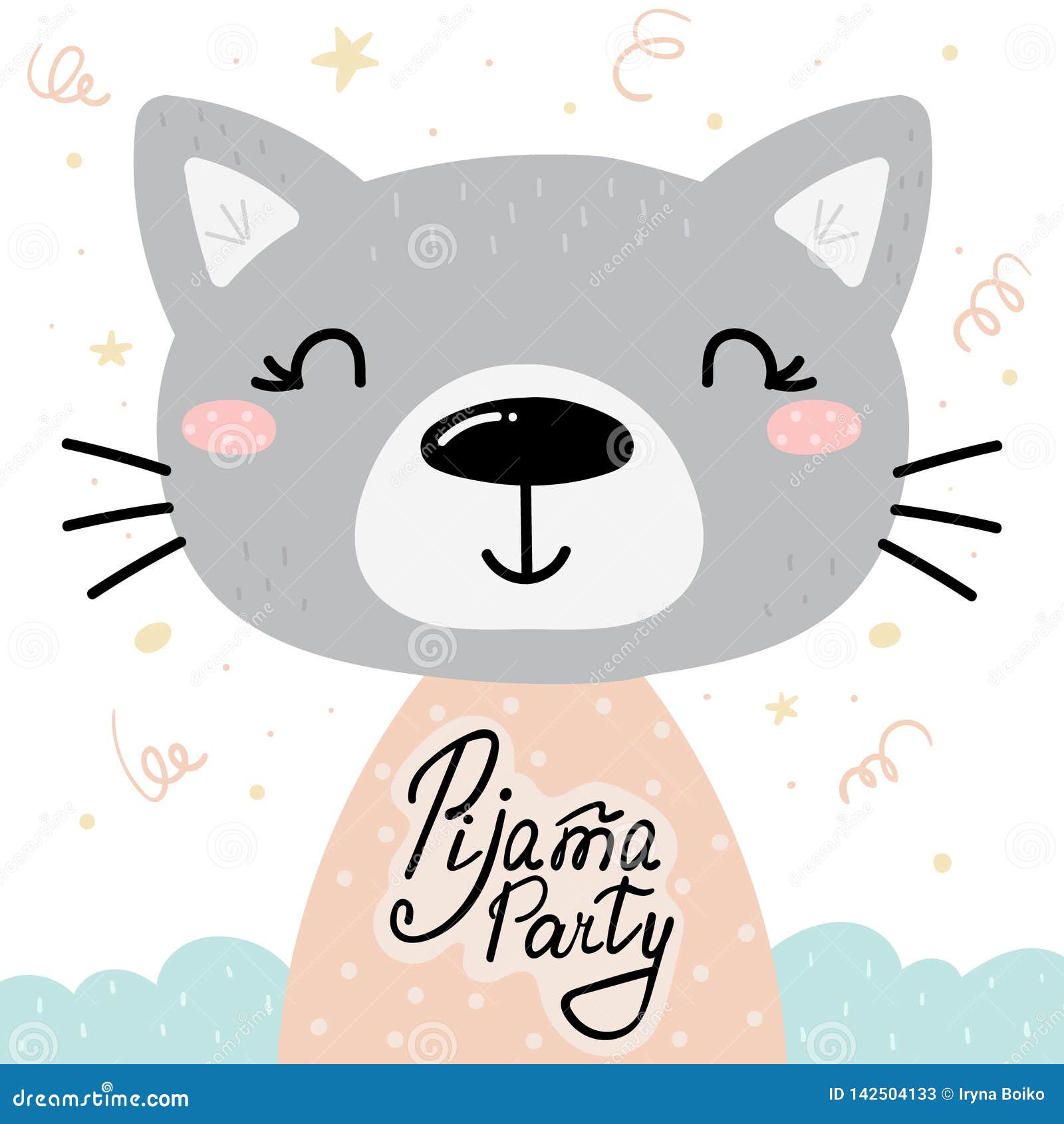 cute pijama party card with hand drawn cat.  print.