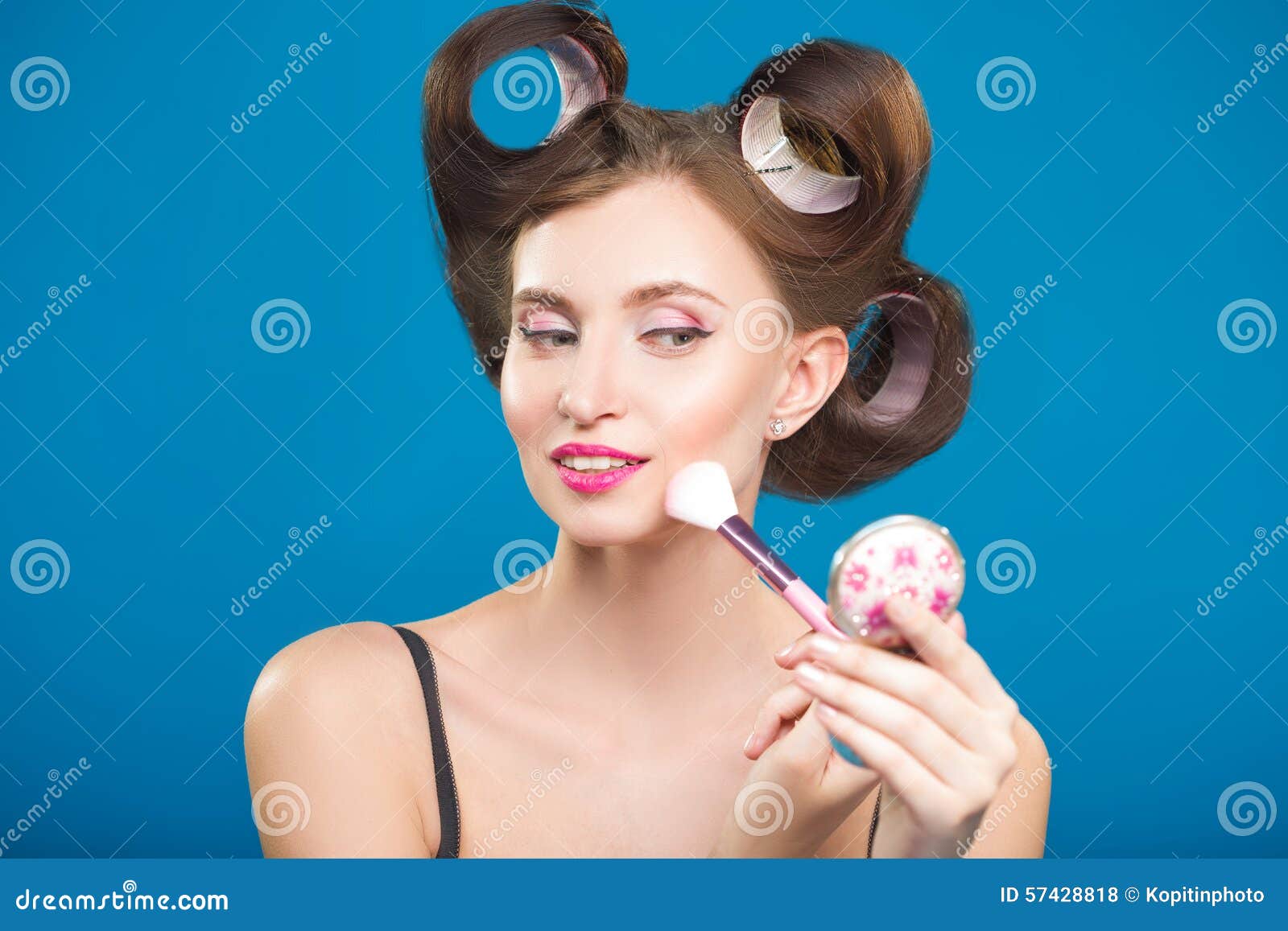 Cute Pin Up Girl Applying Blusher Stock Photo Image of clean, closeup 57428818