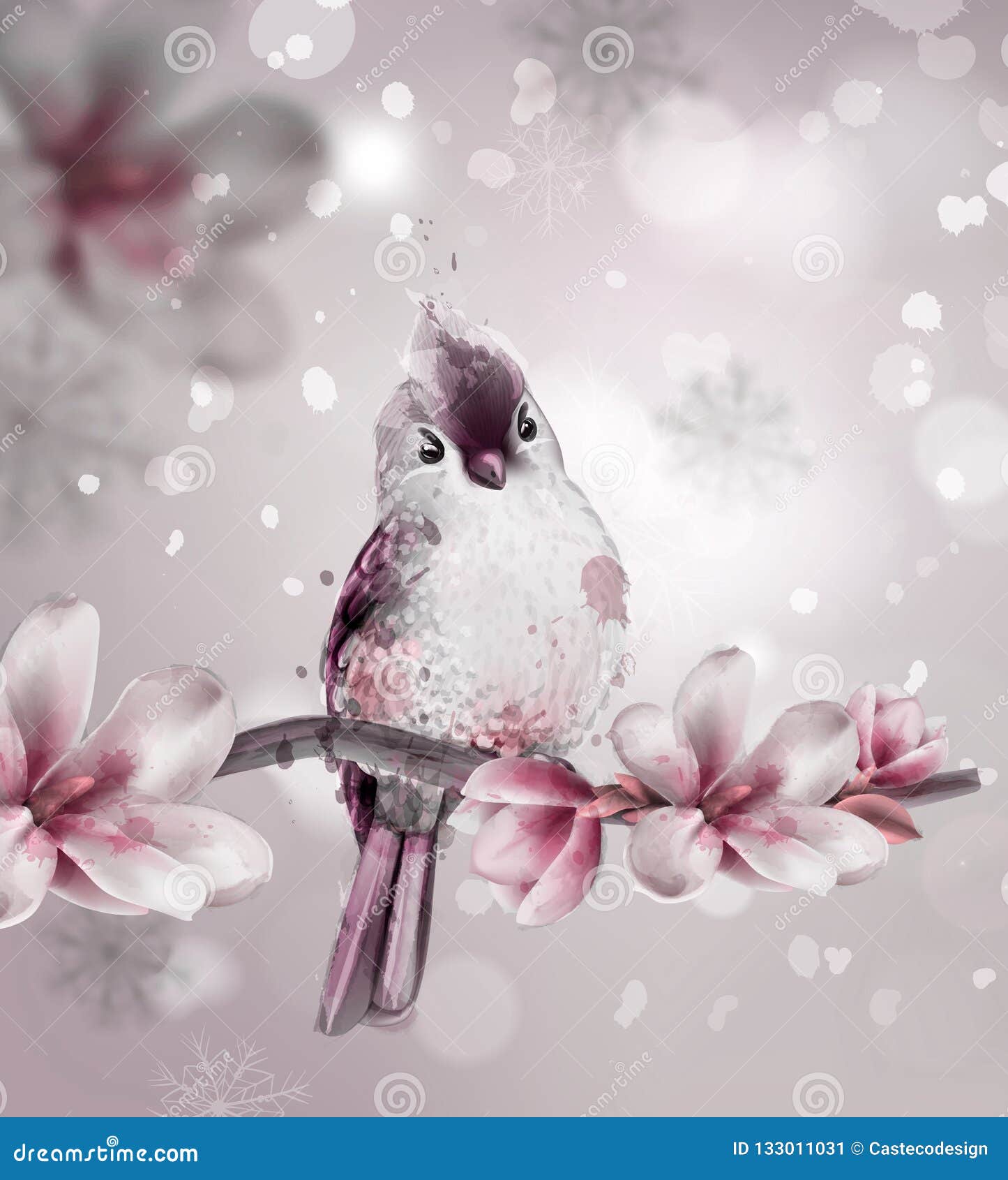 Cute Pink Bird on a Branch with Magnolia Flowers Vector. Watercolor Beautiful  Backgrounds Stock Vector - Illustration of decoration, chic: 133011031