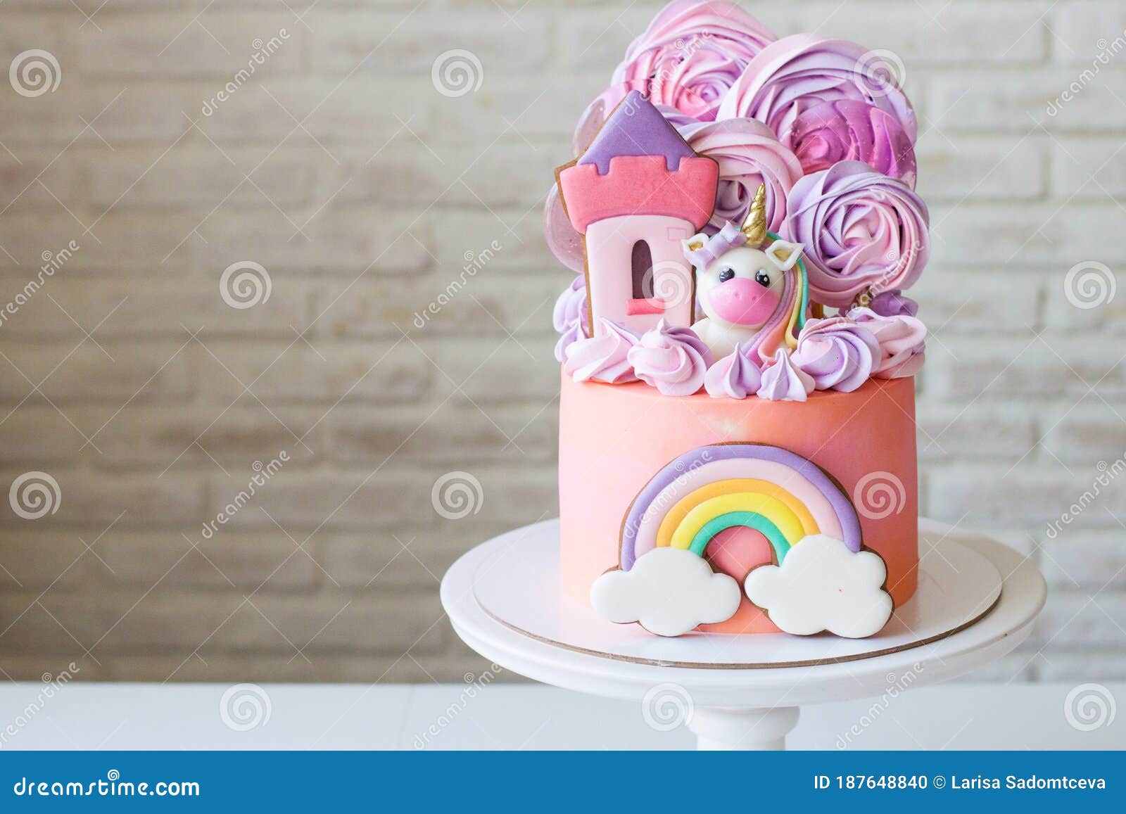 Cute Pink Birthday Cake For A Little Girl With Fondant Unicorn, Gingerbread  Princess Castle, Rainbow And Meringue Stock Photo - Image Of Fresh, Decor:  187648840