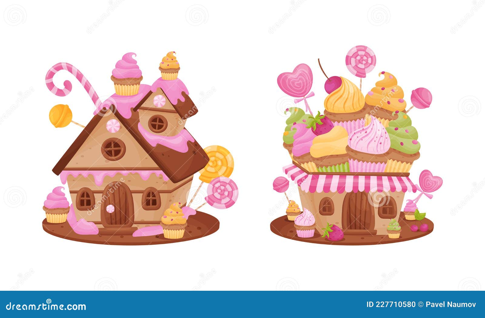 Cute Pink Candy Houses Set. Lovely Cottages Made of Cupcakes and
