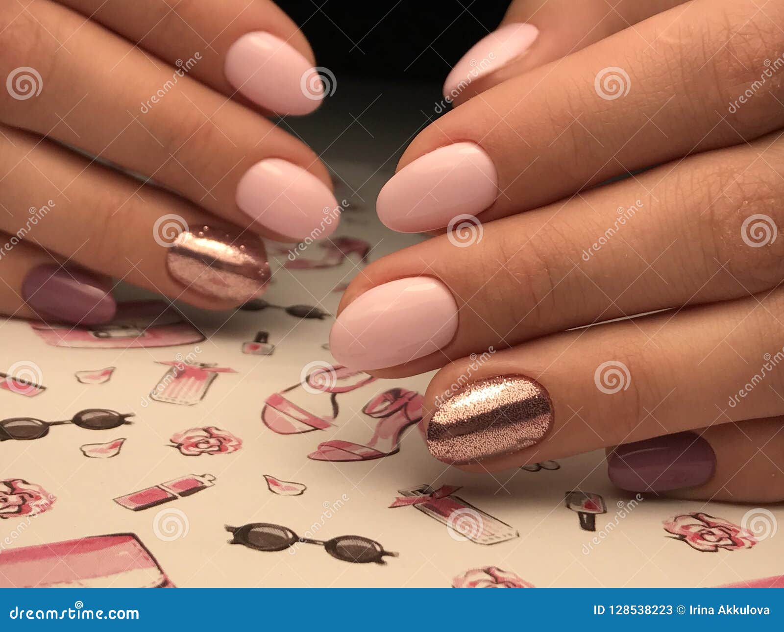 Cute Pink Nails With Gel Polish And Glitter Stock Image Image Of Autumn Style 128538223