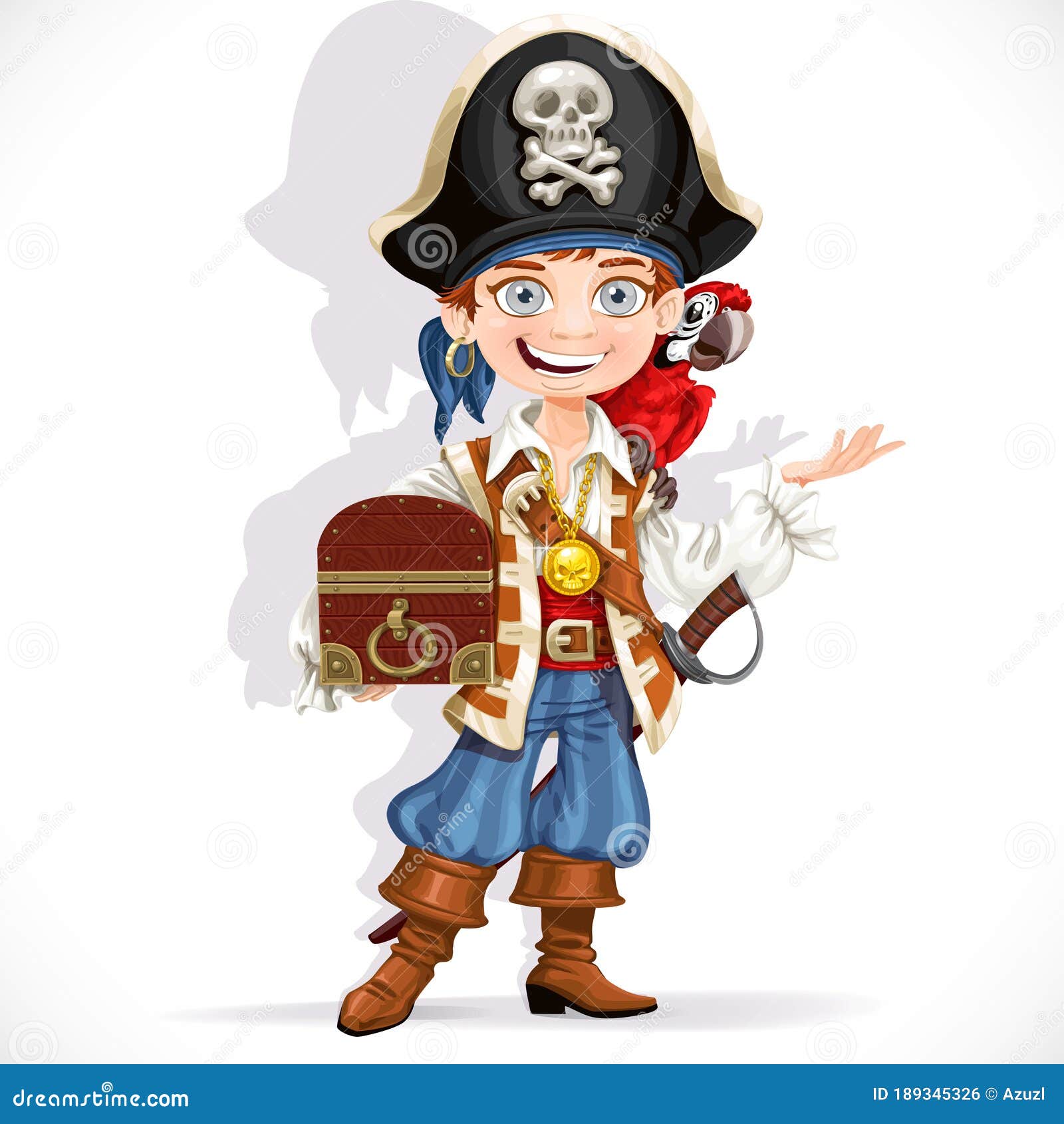 Cute Pirate Boy With Red Parrot Hold Treasure Chest Isolated On A White ...