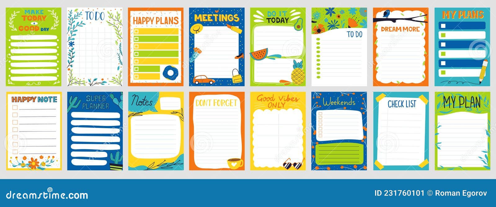 cute planner. notepad to do list. paper page with colorful decoration. schedule card and memo mockup. organizer sheets