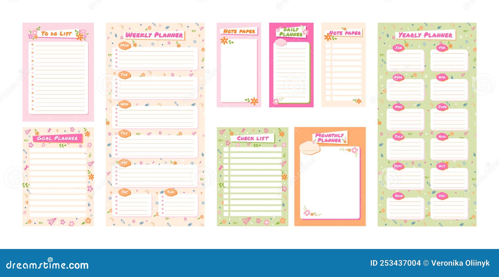 cute planner templates. to do list with flower ornament, check list and note paper. daily, weekly, monthly and yearly