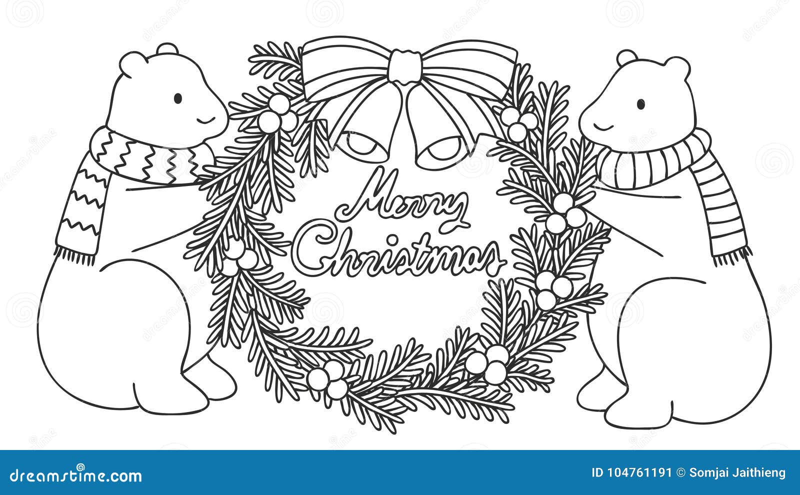 cute polar bears holding christmas wreath with hand drawn typo merry christmas, for  and coloring book page