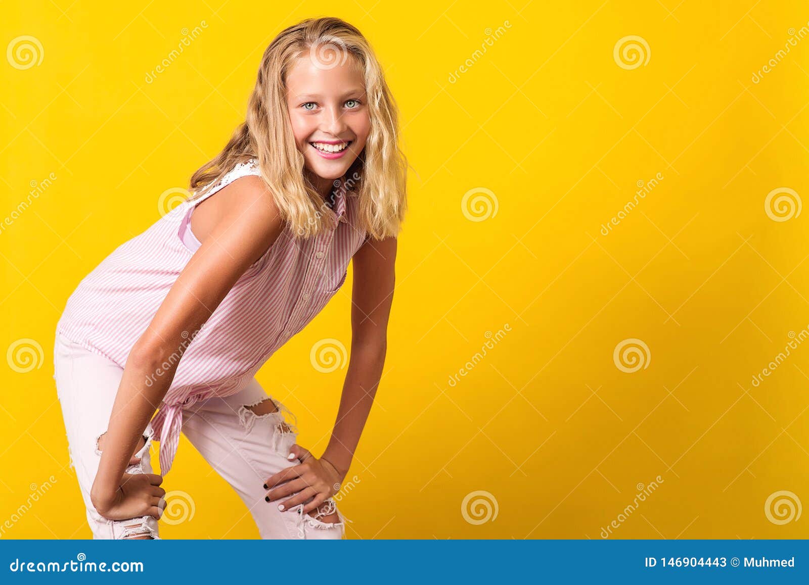 Cute Pre-Teen Girl Wearing Fashion Summer Clothes Posing On Yellow  Background. 10 Years Old Girl With Beauty Eyes, Blonde Hairl Stock Image -  Image Of Holidays, Lovely: 146904443