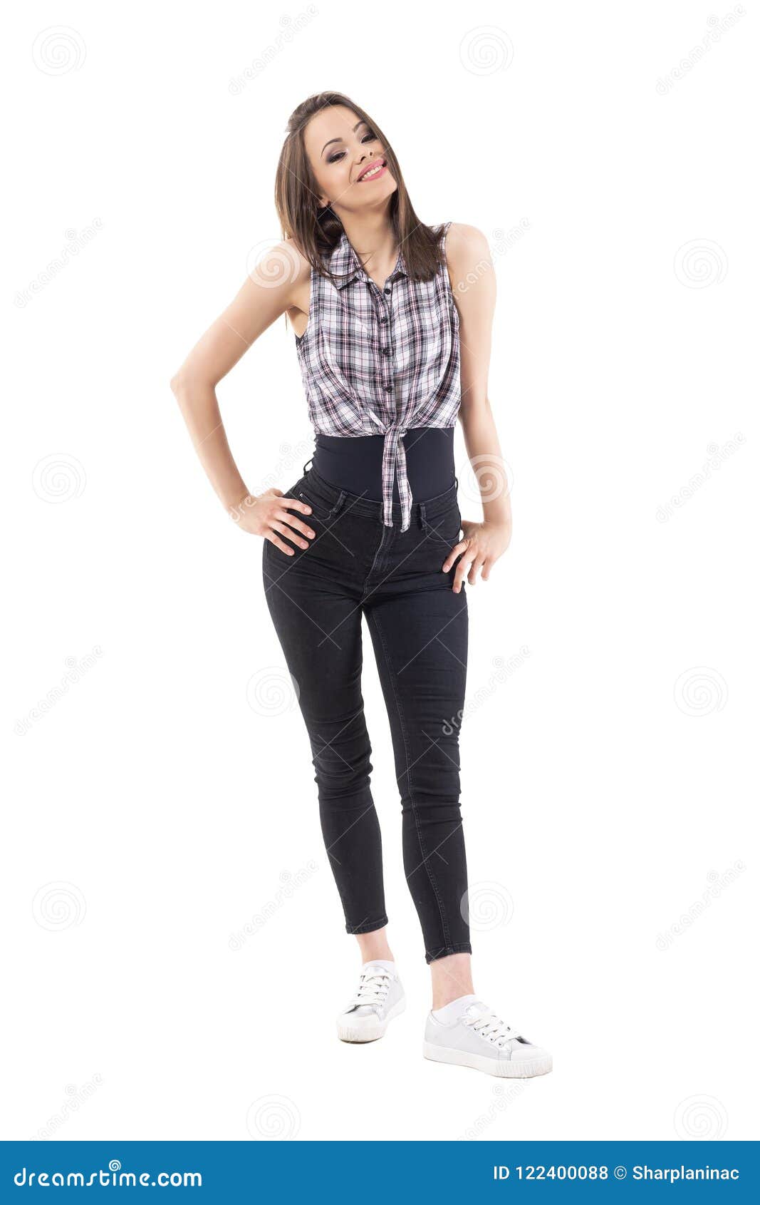 Cute Pretty Teenage Girl Posing in Checkered Shirt Tied in Knot. Stock ...