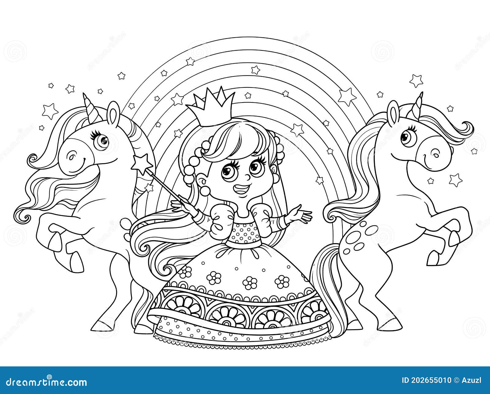 Princess in Ball Dress with Unicorns and Rainbow Outlined for ...