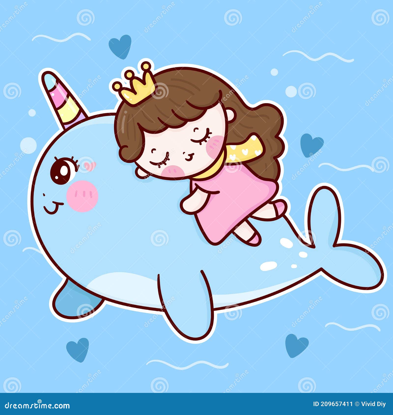 Cute Princess Cartoon Sleep on Narwhal Vector Marine Life Kawaii Animals  Background Stock Vector - Illustration of card, chubby: 209657411