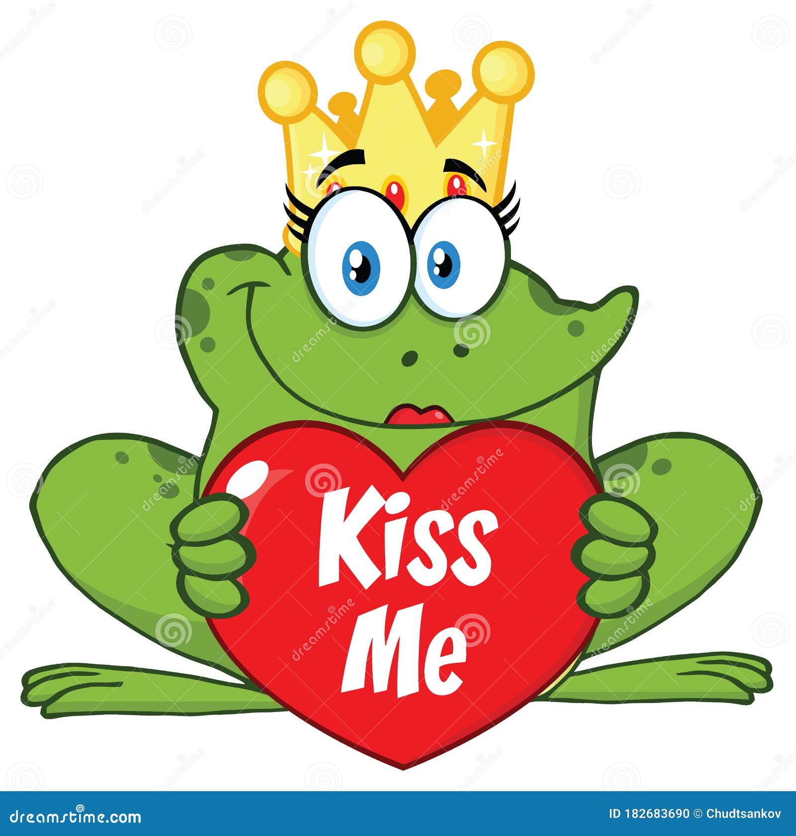 Cute Princess Frog Cartoon Mascot Character with Crown Holding a Love Heart  with Text Kiss Me Stock Illustration - Illustration of female, greeting:  182683690
