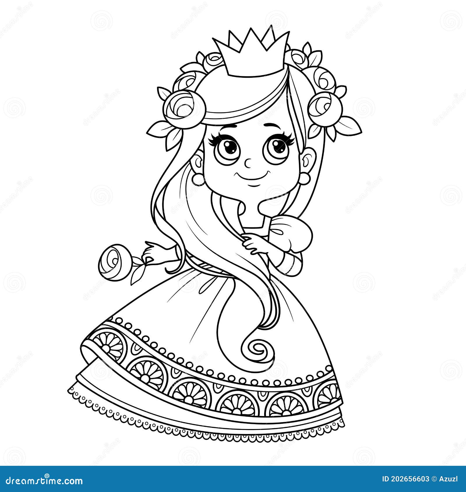 Princess with Long Hair in Ball Dress Outlined for Coloring Book Stock  Vector - Illustration of book, fairytale: 202656603