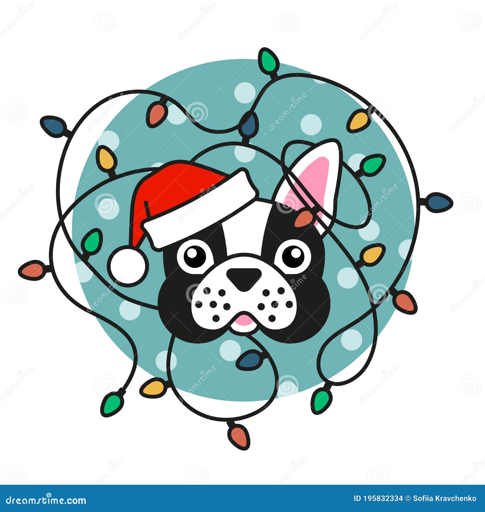 Cute Pug Dog in Santa Hat with Christmas Lights Stock Vector ...