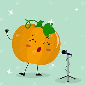 Cute Pumpkin Smiley In A Cartoon Style Sings Into The Microphone Stock Cute Pumpkin Smiley In A Cartoon Style Sings Into The Microphone Stock