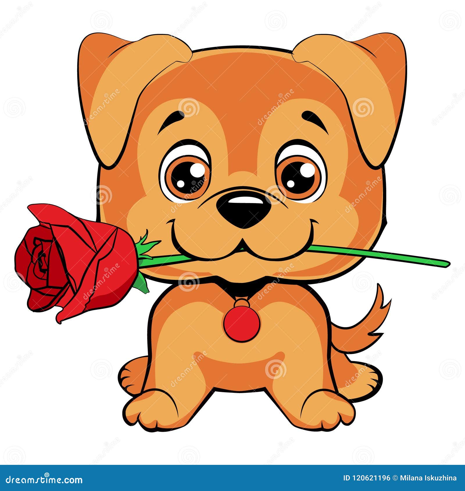 Cute Puppy with a Flower Cartoon Hand Drawn Vector Illustration ...