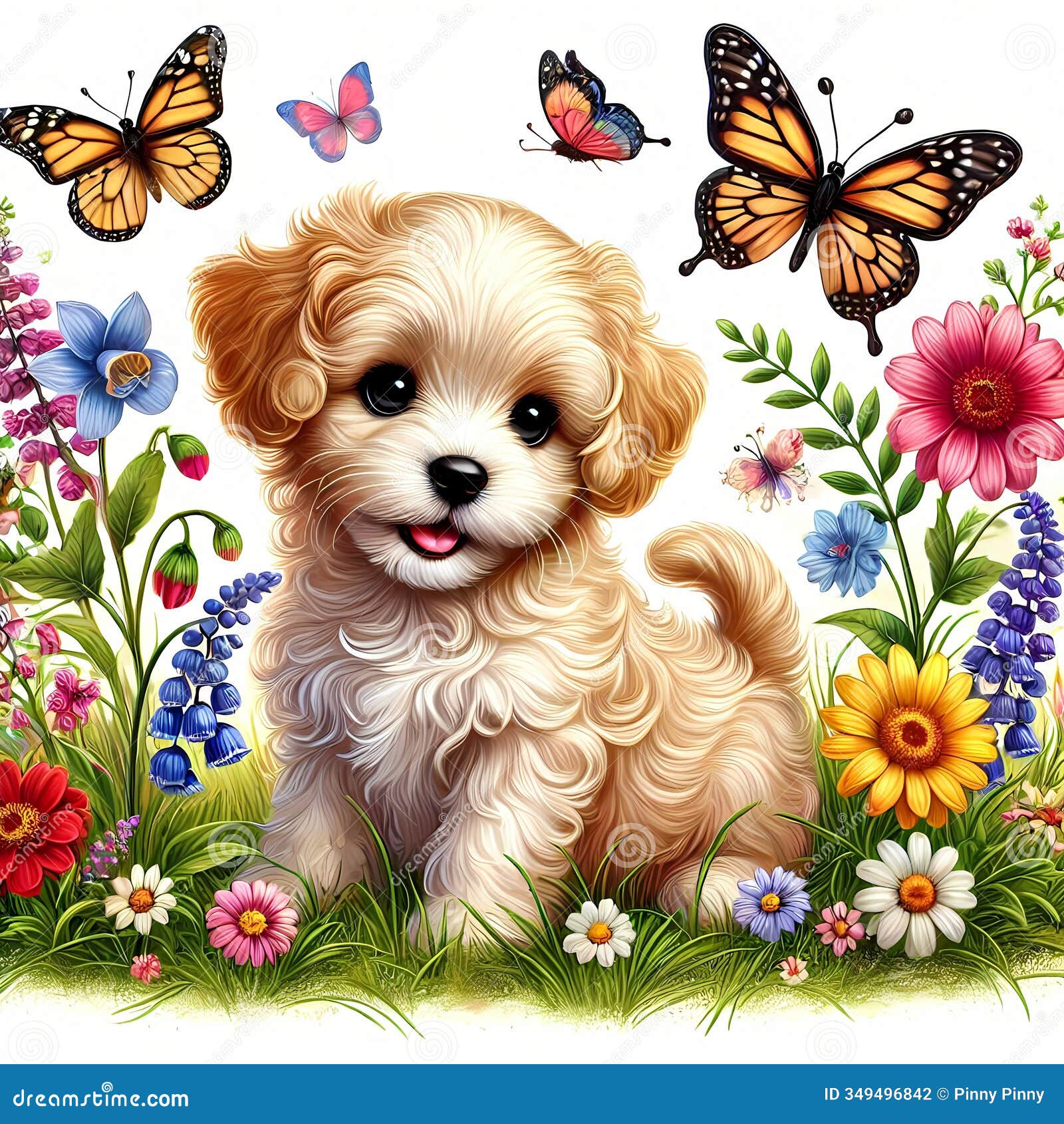 a cute puppy in a meadow, with colorful flowers, and butterflies, white background, disney style