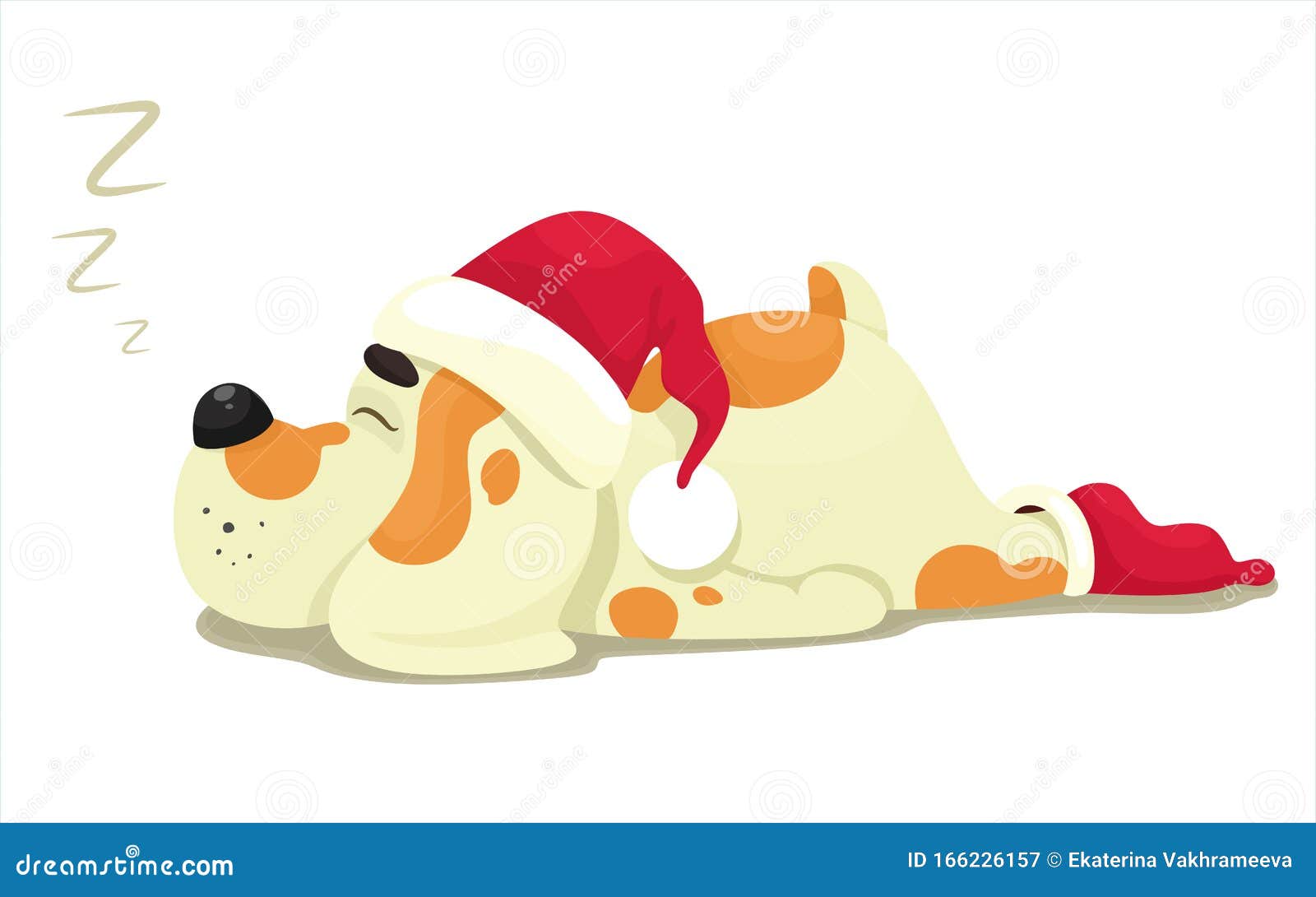 Cute Puppy is Sleeping in a Santa Costume. Vector Illustration in