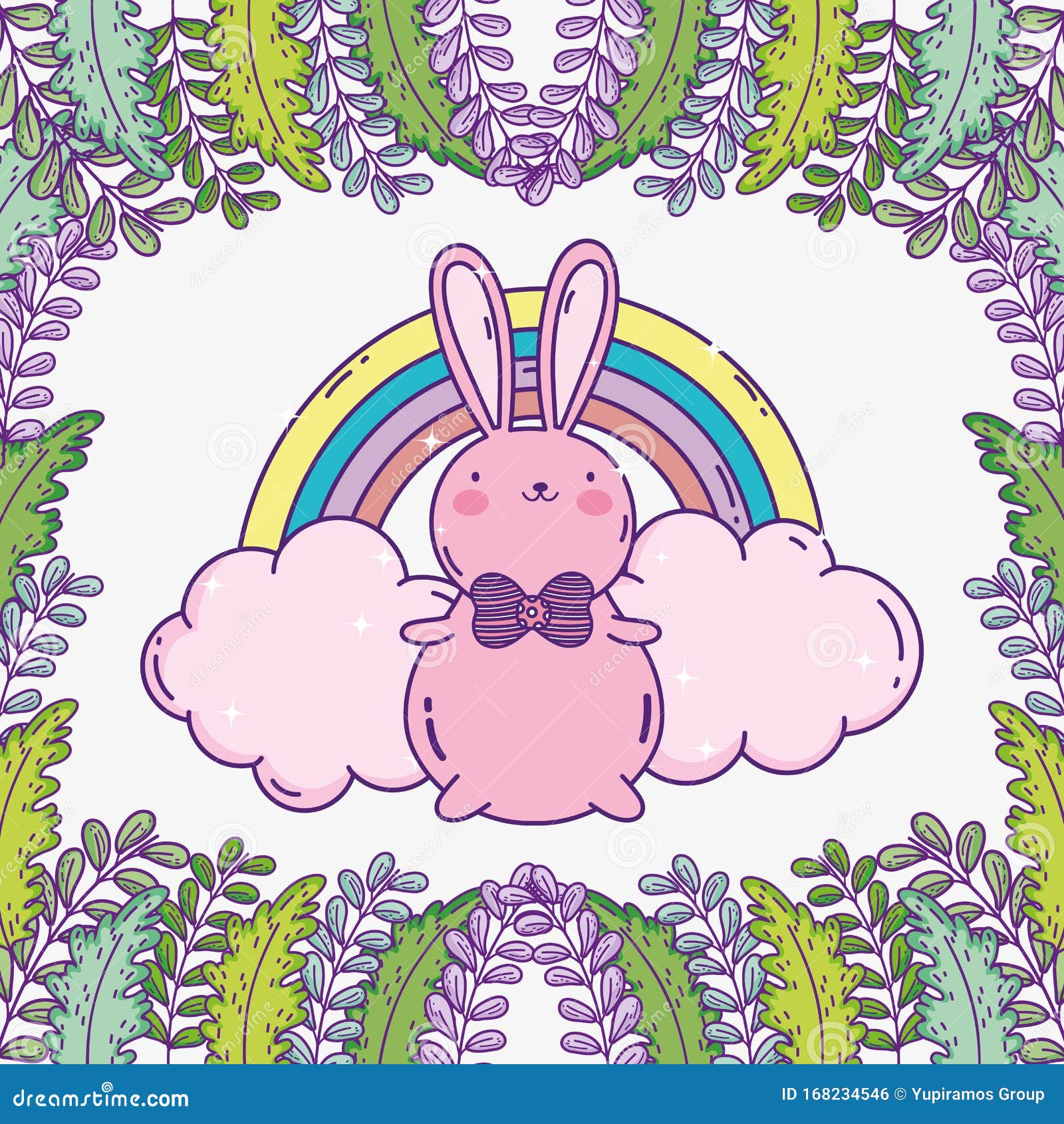 Download Cute Rabbit With Bow Tie And Rainbow Clouds Foliage Leaves ...