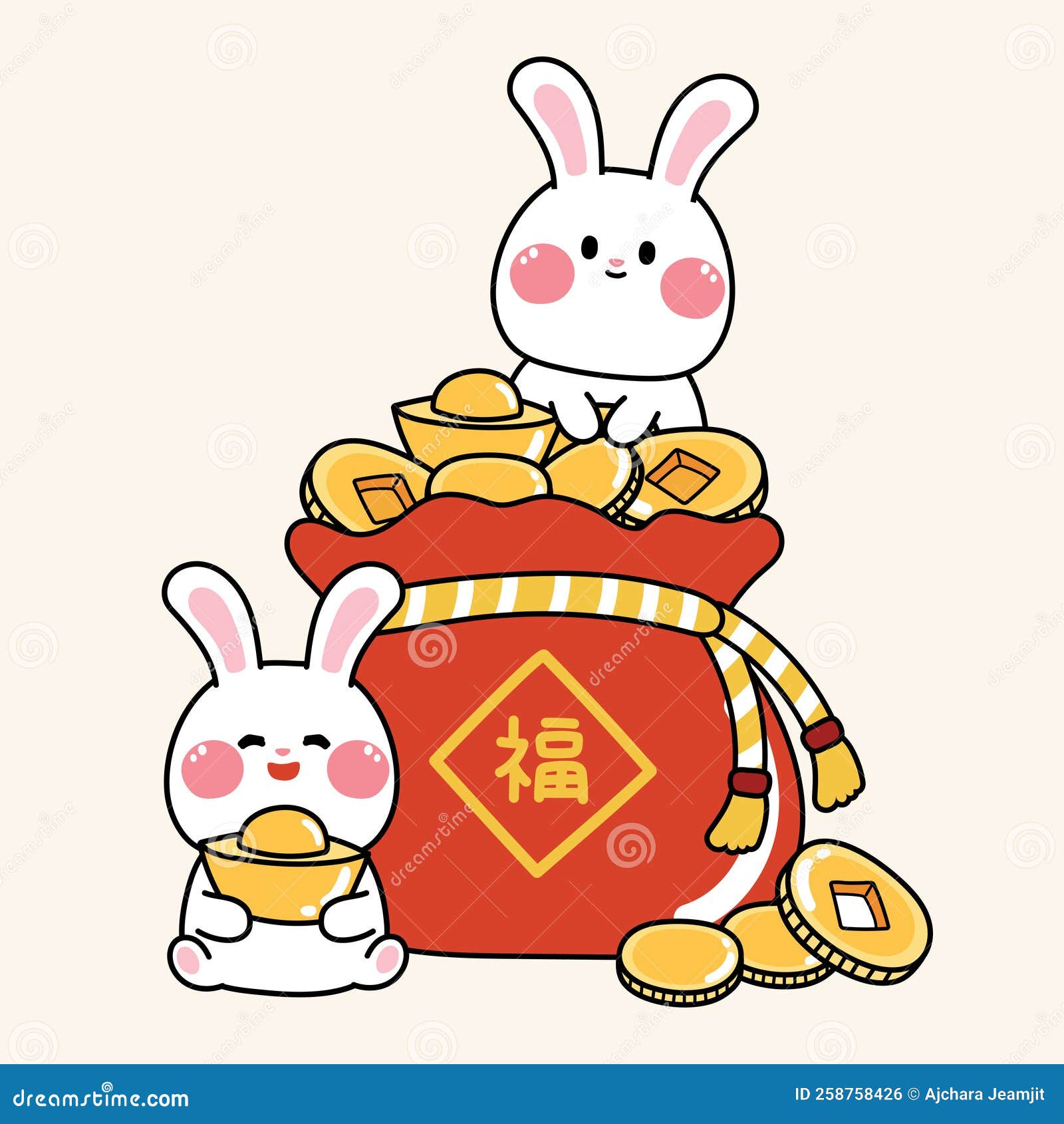 Kawaii image of the rabbit during the Chinese lunar new year. Anime style  bunny. Generative AI. Stock Illustration