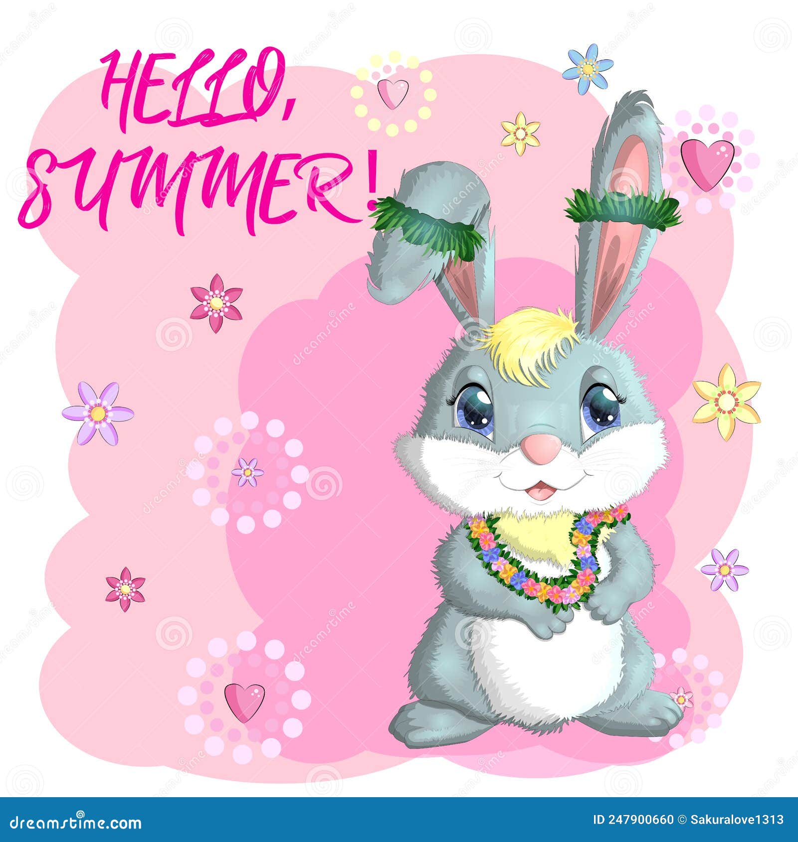 Cute Rabbit, Hare in Hawaiian Clothes Dancing Hula. Wreath and Garland ...