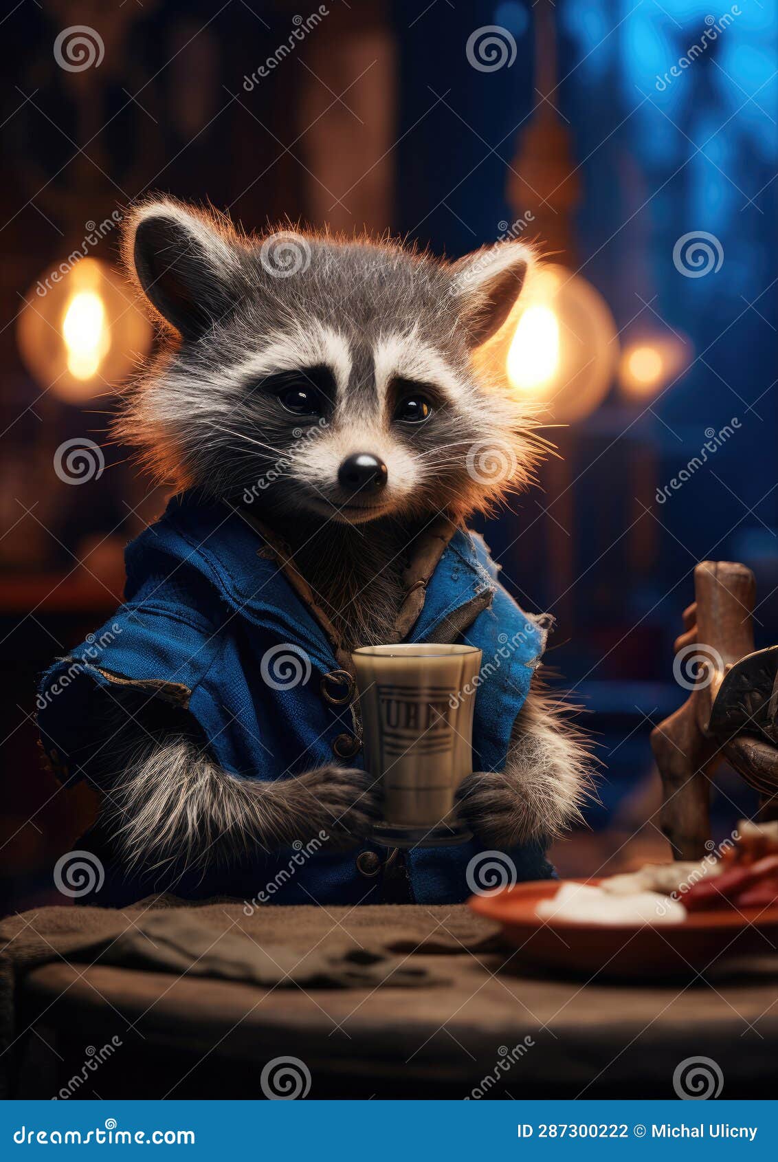 cute raccon in blue coat drinking coffee