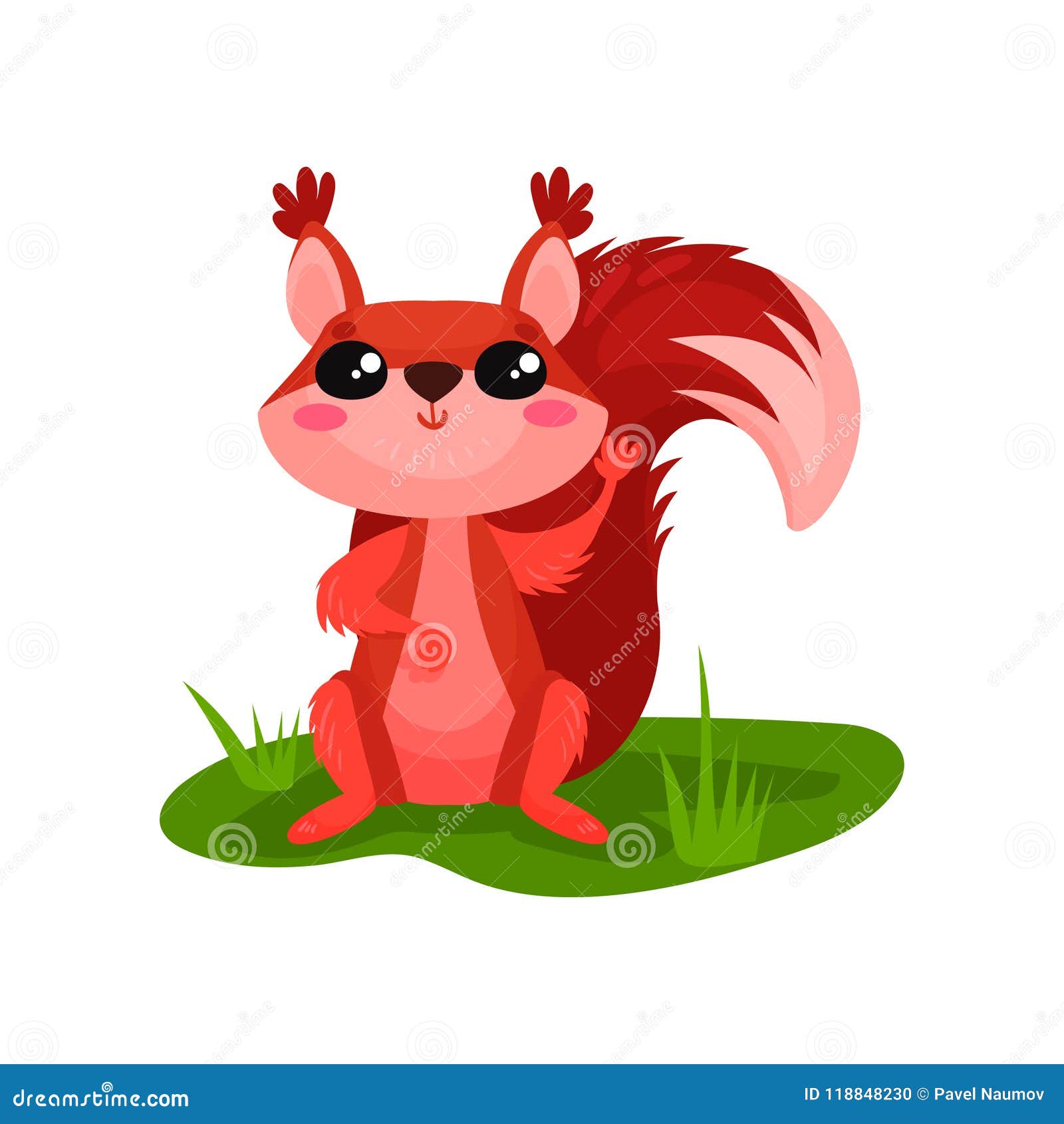 cute red squirrel sitting on grass and waving paw. small forest animal with fluffy tail. flat   for sticker