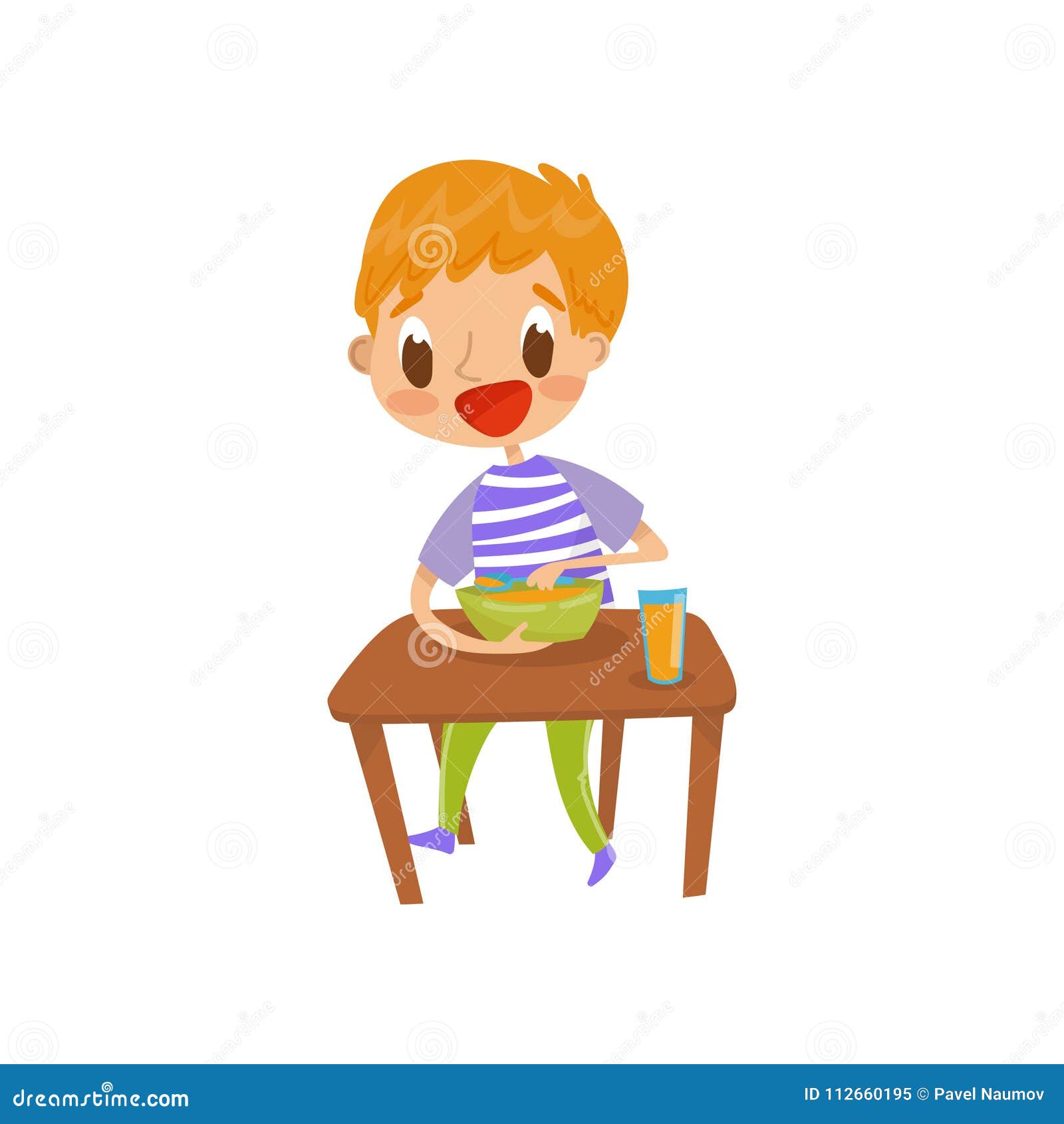 Cute Redhead Boy Eating Soup On The Dining Table Vector Illustration ...
