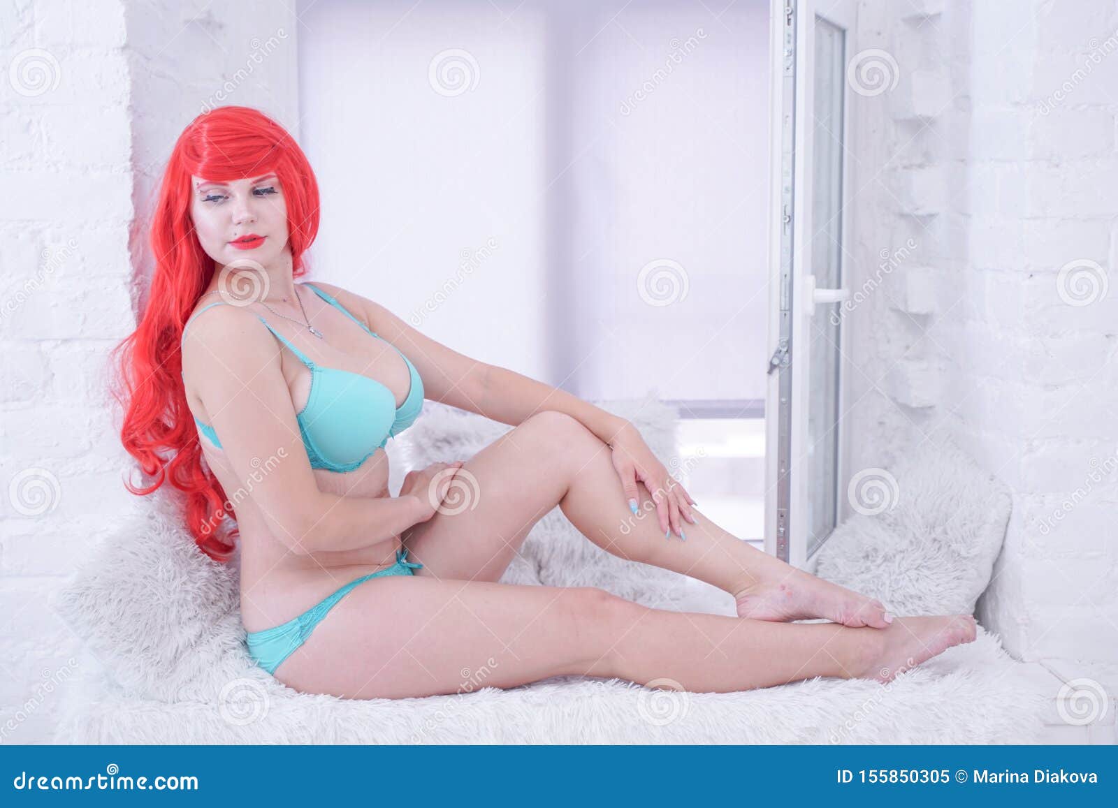 Plus Size Chubby Girl with Red Hair in Blue Lingerie on White Room  Background Stock Image - Image of boobs, boudoir: 155850305