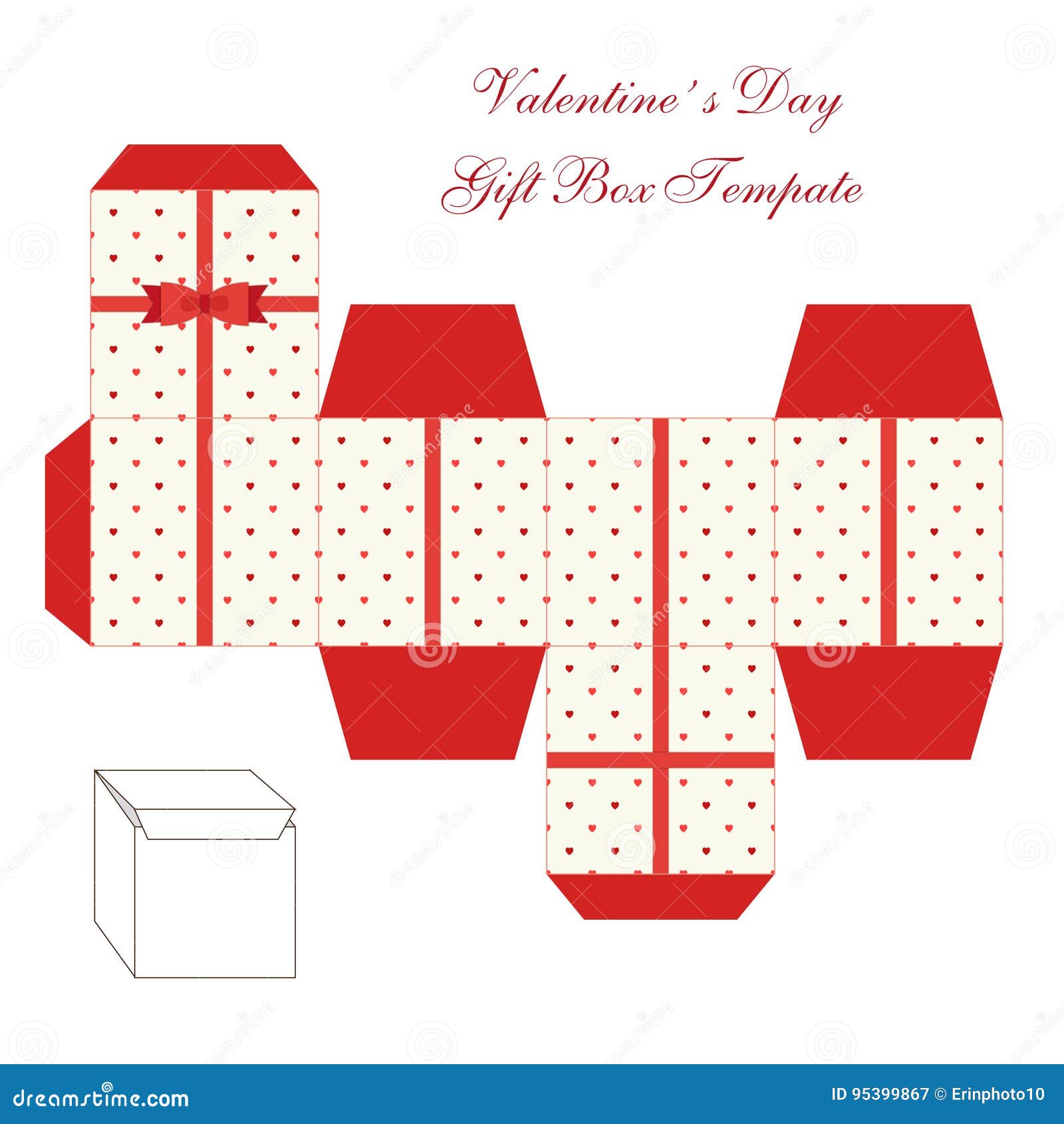 Cute Retro Square Gift Box Template with Hearts Ornament To Print, Cut Cute Retro Square Gift Box Template with Hearts Ornament To Print, Cut