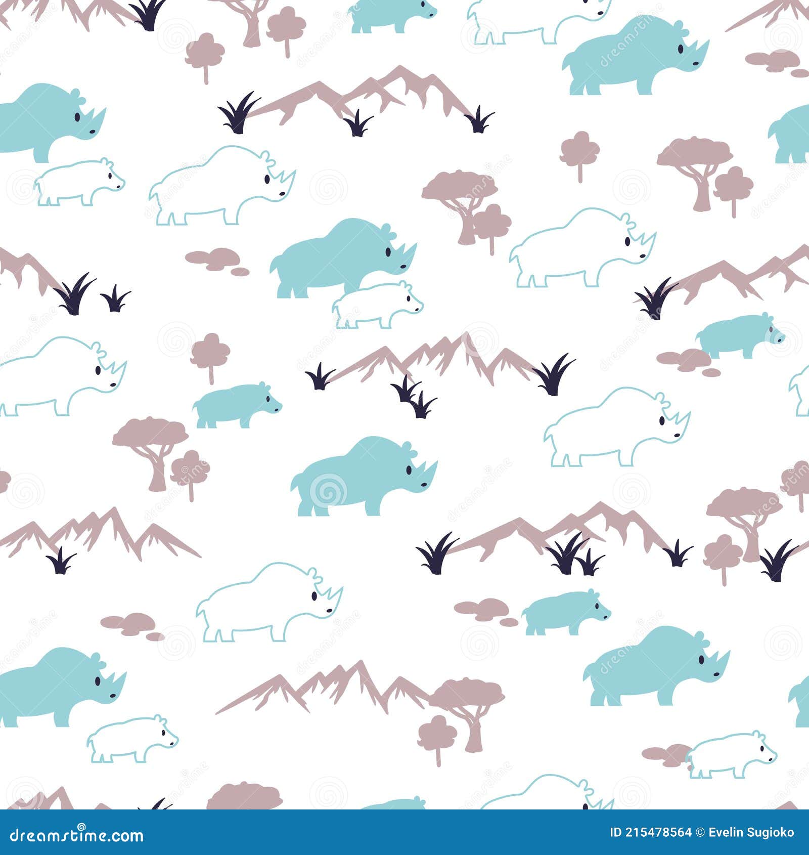 cute rhinos and savanna  graphic art seamless pattern