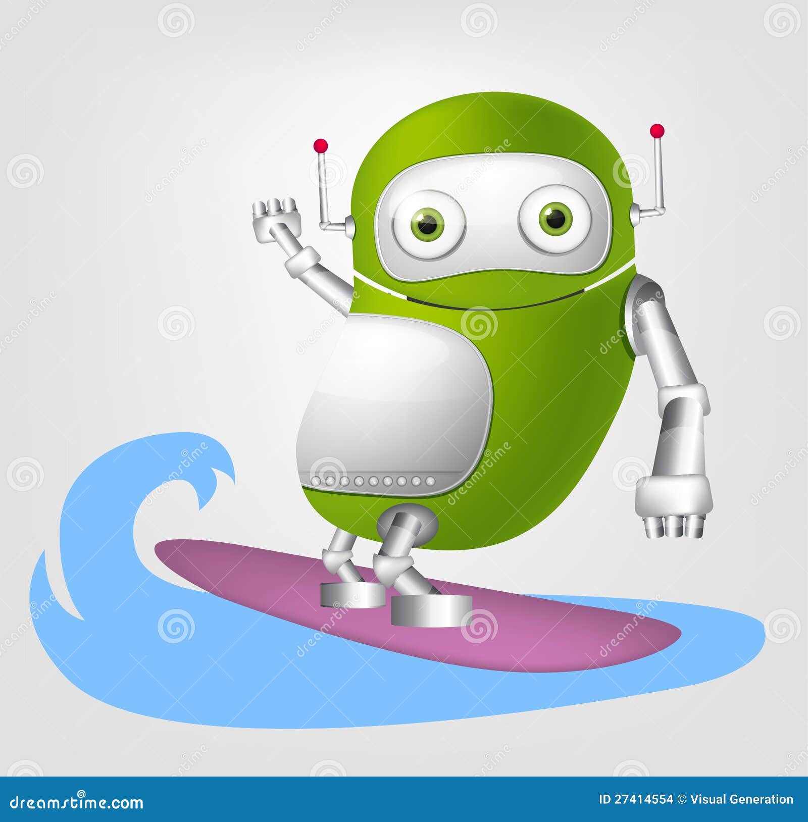 Cartoon Character Cute Robot Isolated on Grey Gradient Background. Surfing. Vector EPS 10.