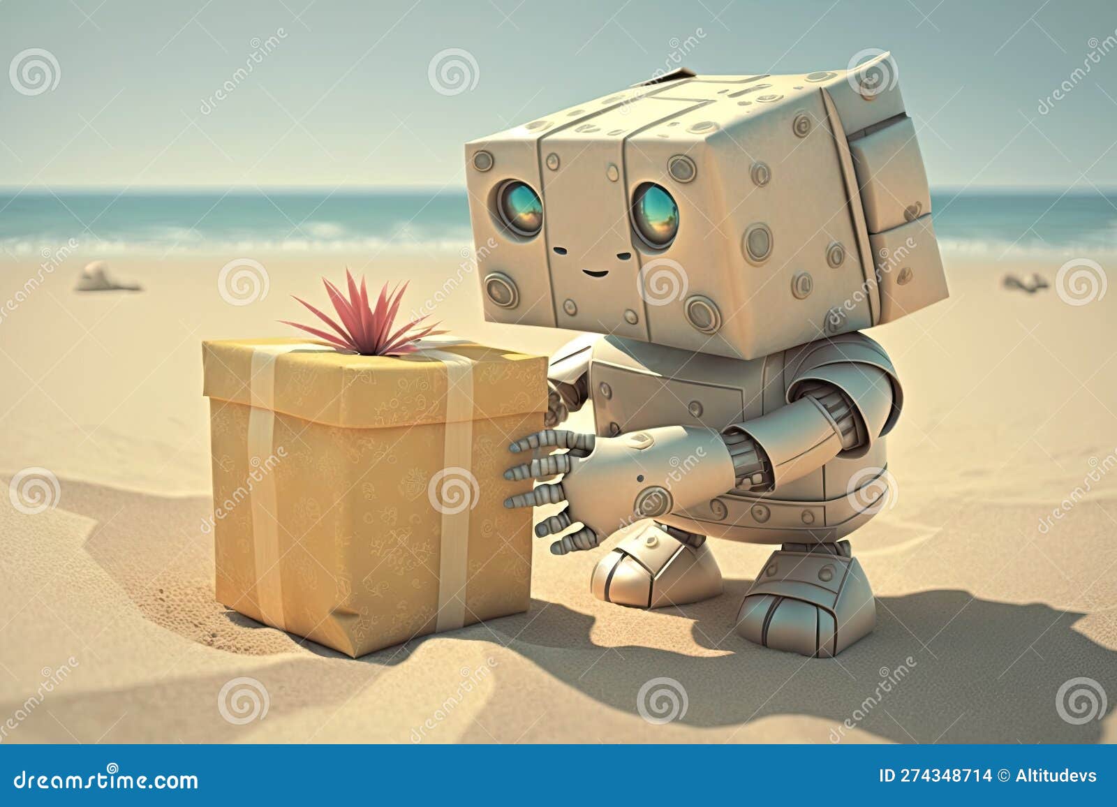 cute robot on the beach, giving sunbather his gift box with a surprise inside