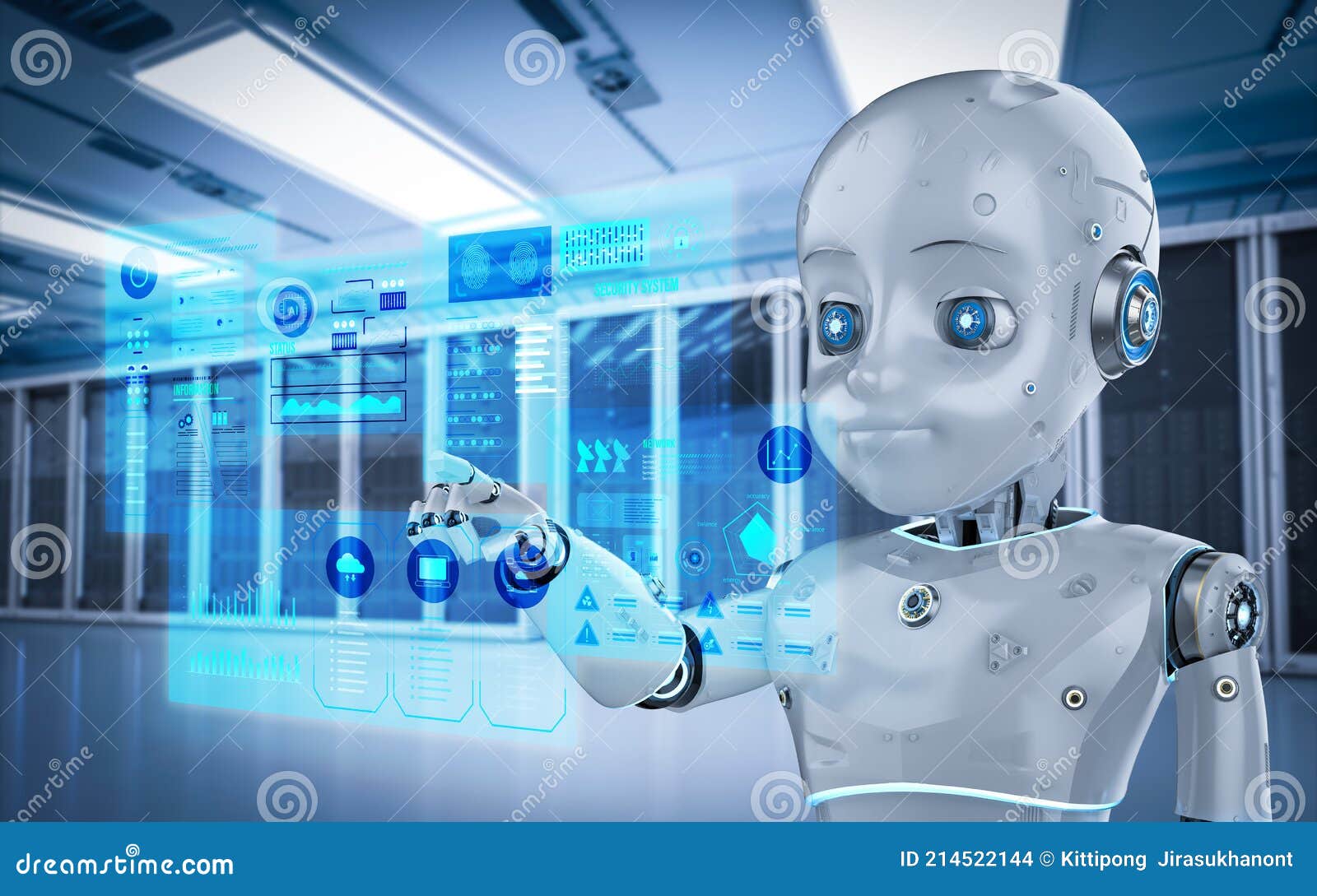Cute Robot with Cartoon Character in Server Room Stock Illustration -  Illustration of cybernetic, cute: 214522144
