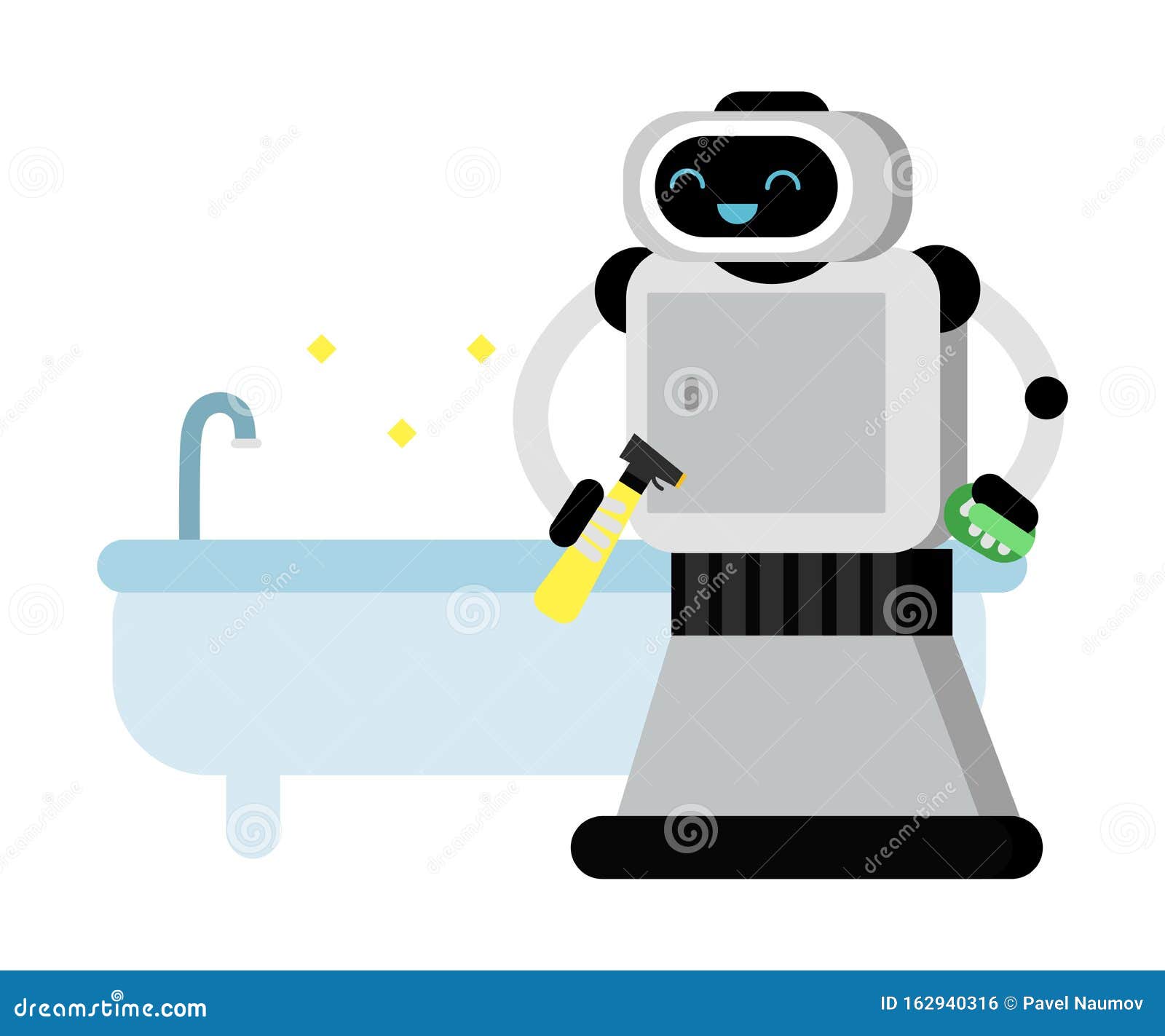 Download Cute Robot Home Assistant Stands Near A Clean Bath. Vector ...