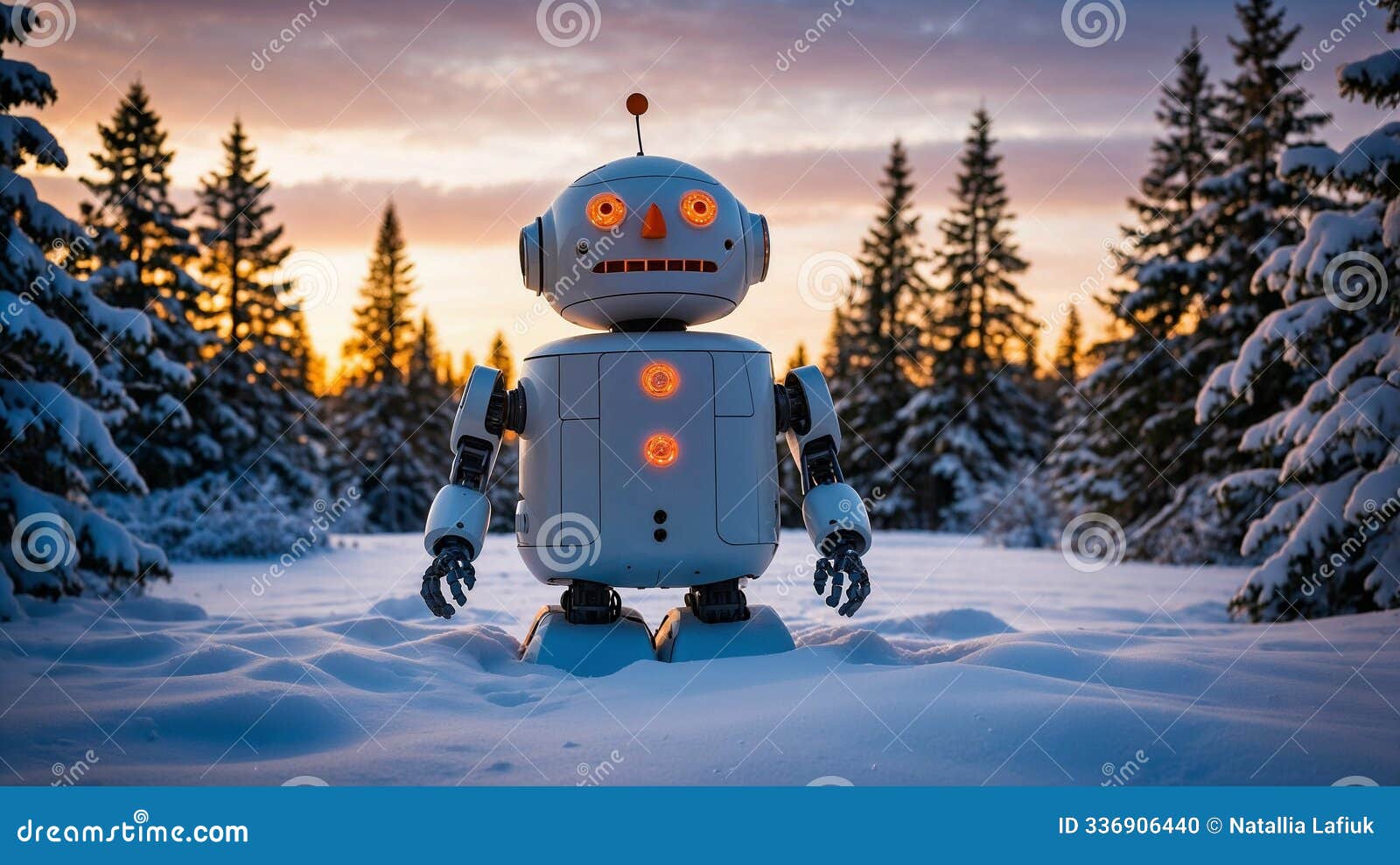cute robot d like traditional snowman with a carrot nose standing in a winter landscape with snowflakes falling around