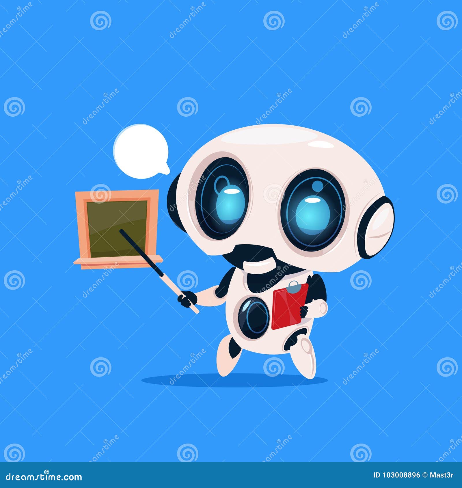 cute robot teacher hold pointer near school board icon on blue background modern technology artificial