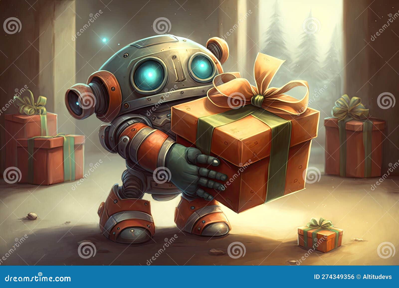 Cute Robot Wrapping Gift and Adding Personal Touch To the Present Stock