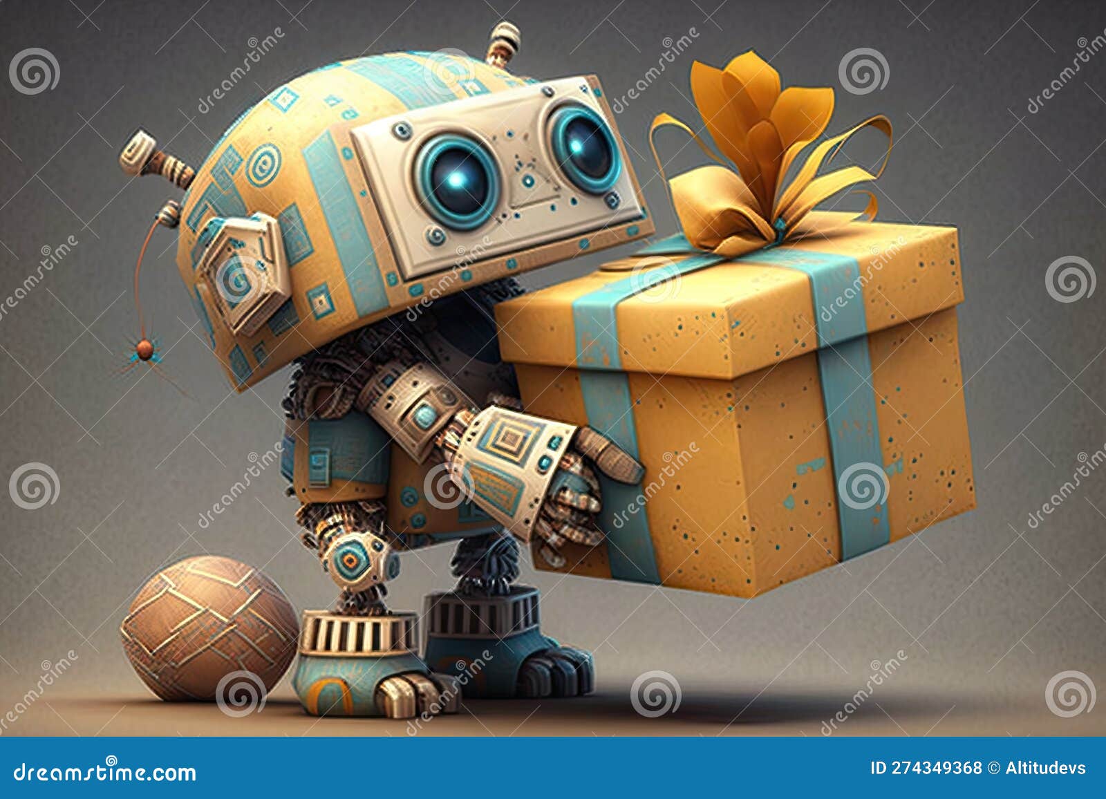 Cute Robot Wrapping Gift and Adding Personal Touch To the Present Stock