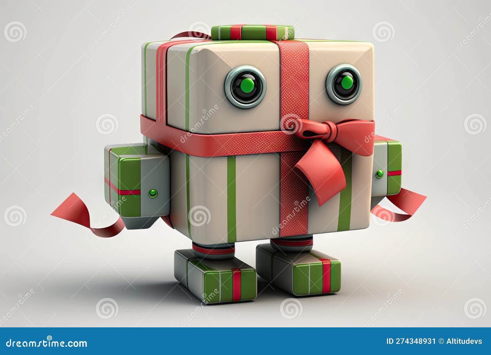 Cute Robot Wrapping Gift Box with Red and Green Ribbons Stock