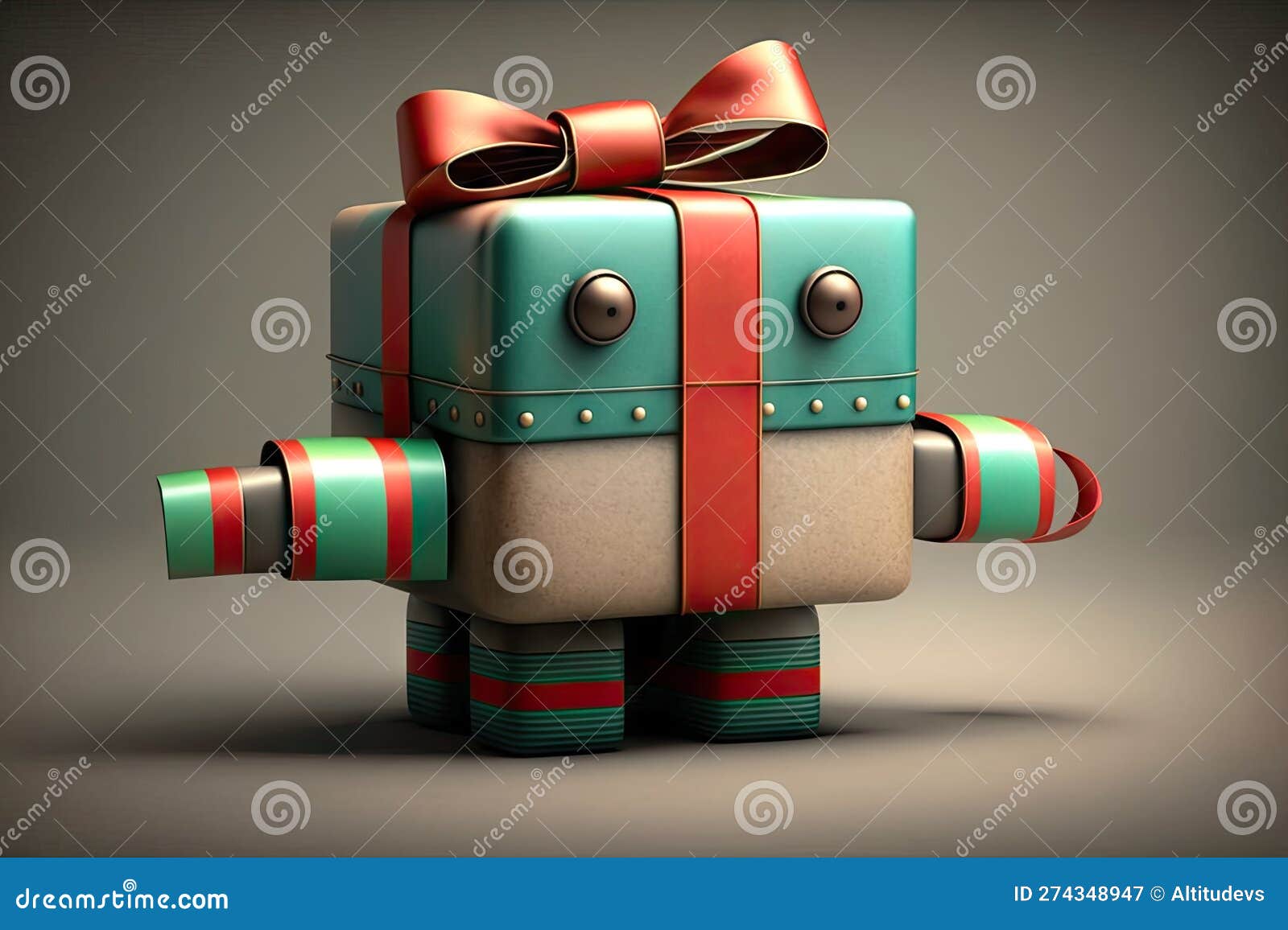 Cute Robot Wrapping Gift Box with Red and Green Ribbons Stock