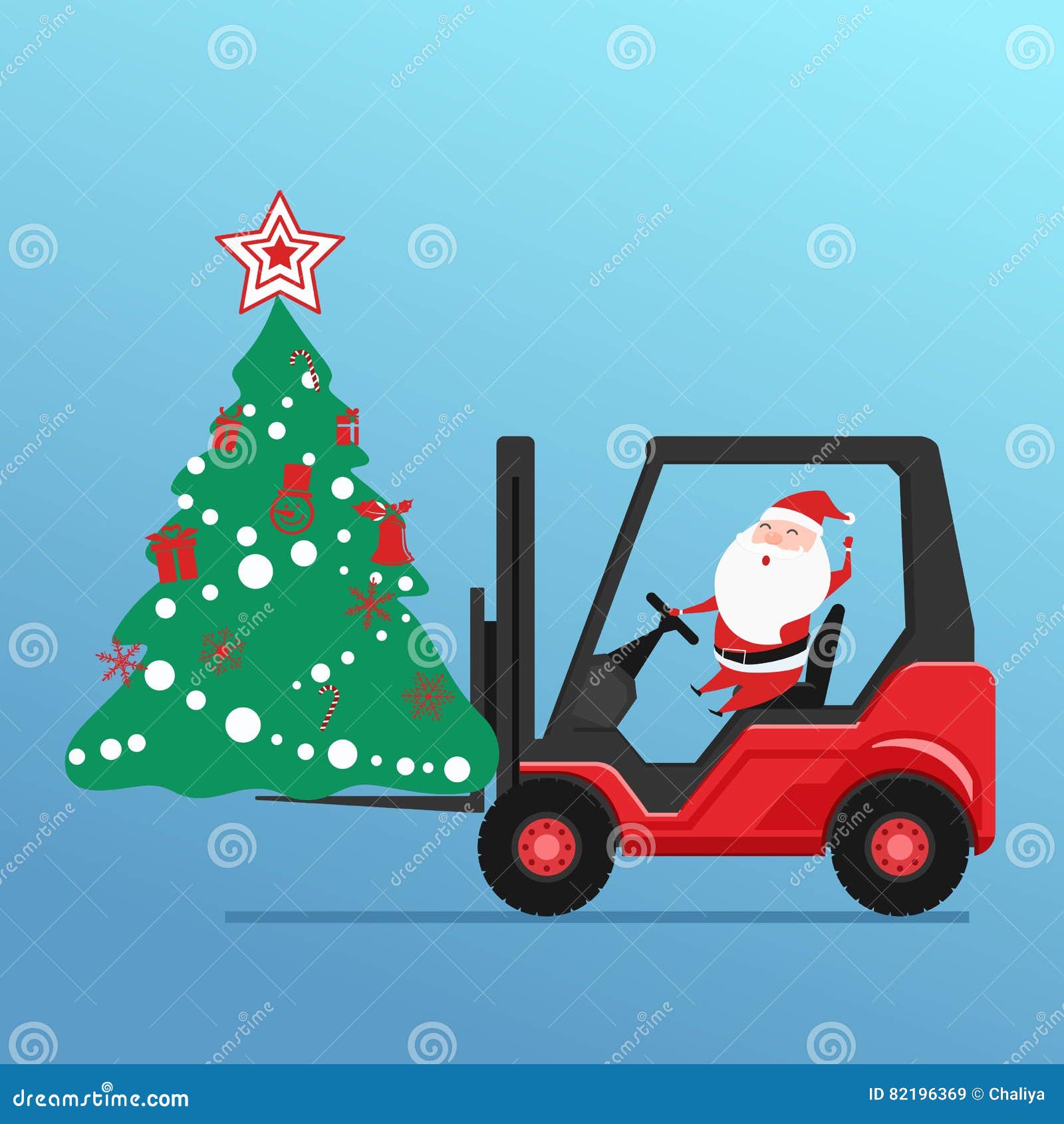 Cute Santa Claus Drives Forklift Truck Loading Christmas Tree And Gift Boxes Stock Vector Illustration Of Flat Vector 82196369