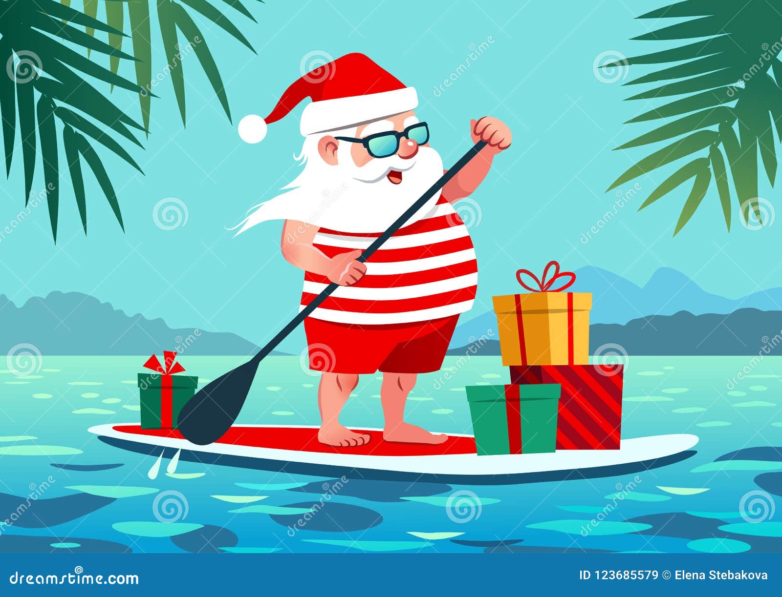 Download Cute Santa Claus On Paddle Board With Gifts Against ...