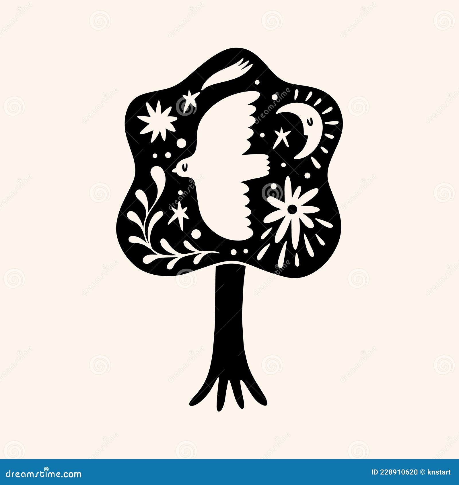 cute scandinavian bird and tree art. folk rural rustic fairytale style, hygge and lagom . nordic scandi decor