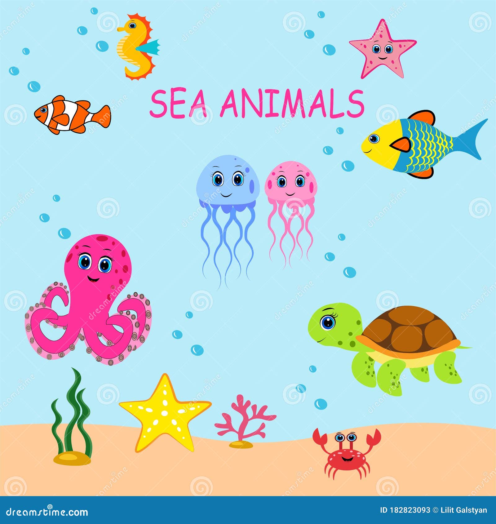 cute sea animals set.cartoon  . marine life.
