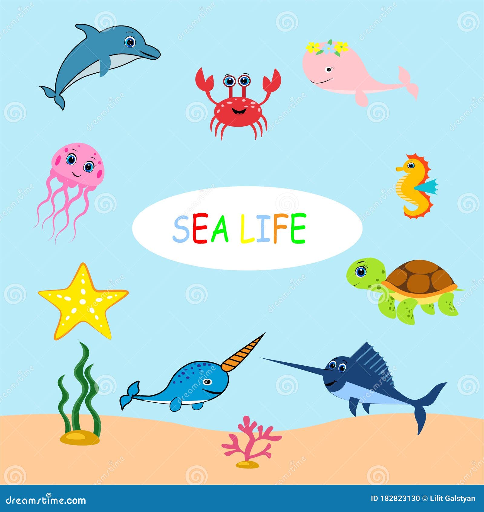 Cute Sea Animals  Vector Illustration. Marine Life Stock Vector  - Illustration of child, drawing: 182823130