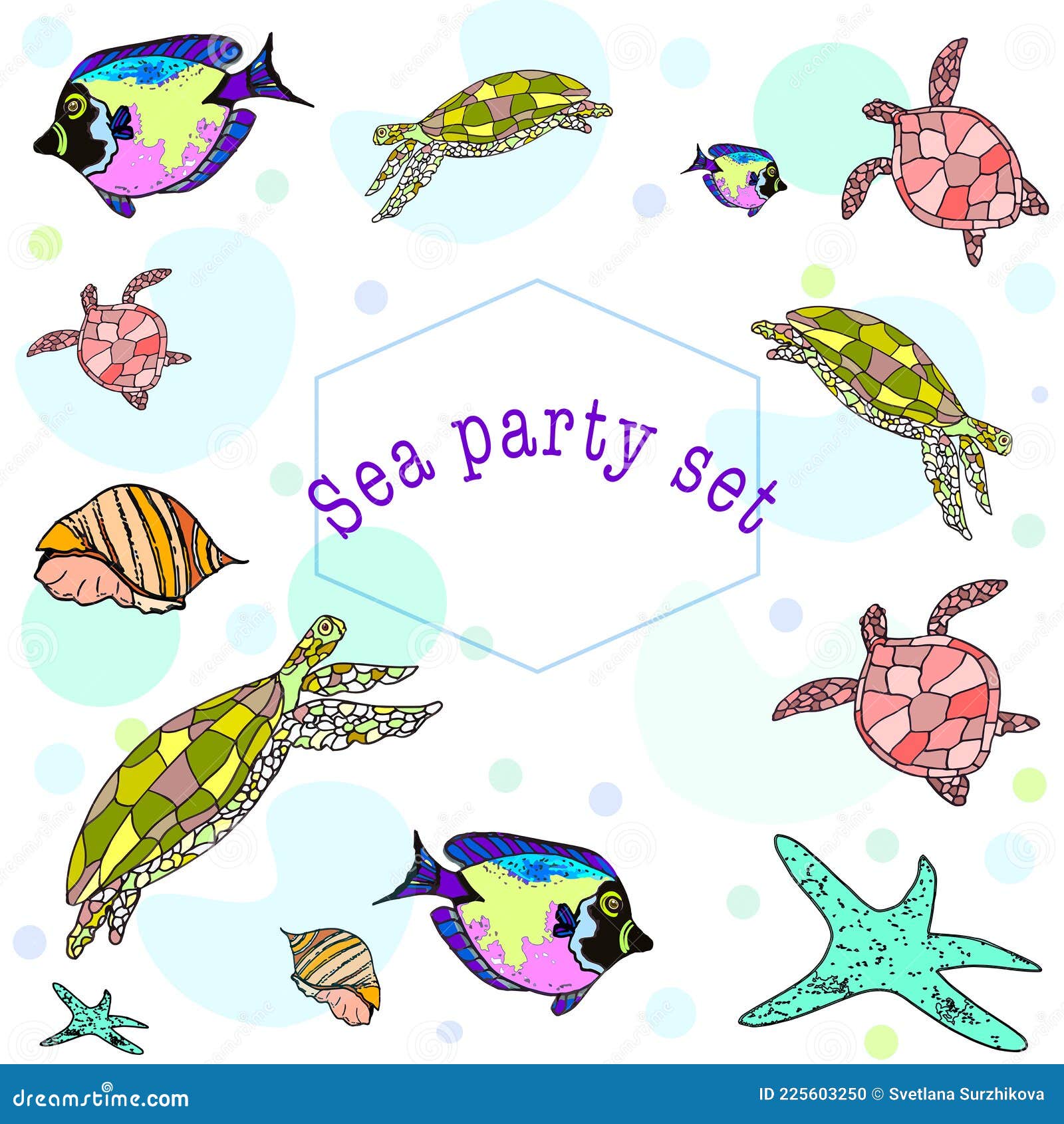 cute sea party set. turtle, fish and other wild animal