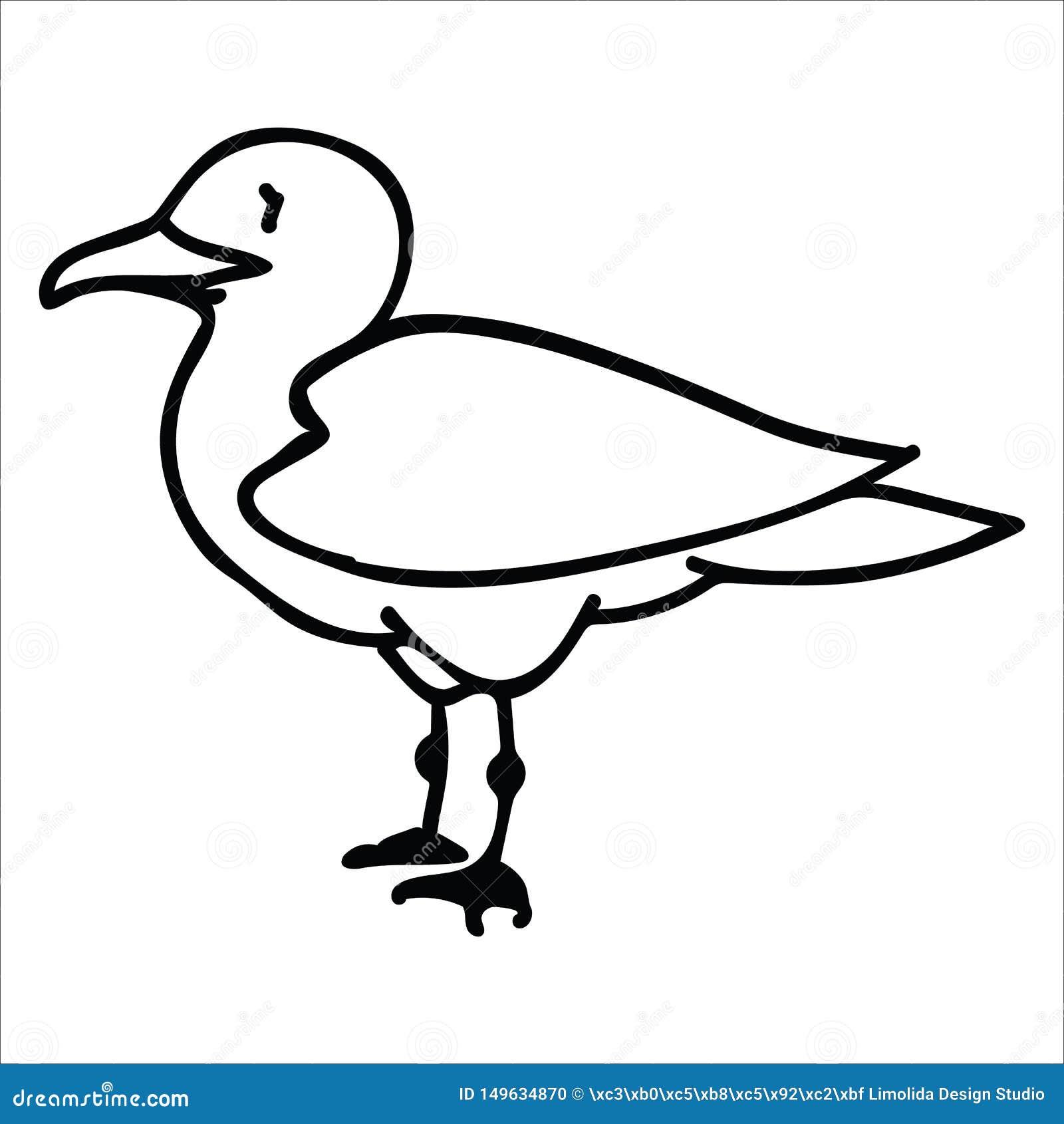 cute seagull from the side monochrome cartoon   motif set. hand drawn  seaside wildlife s clipart