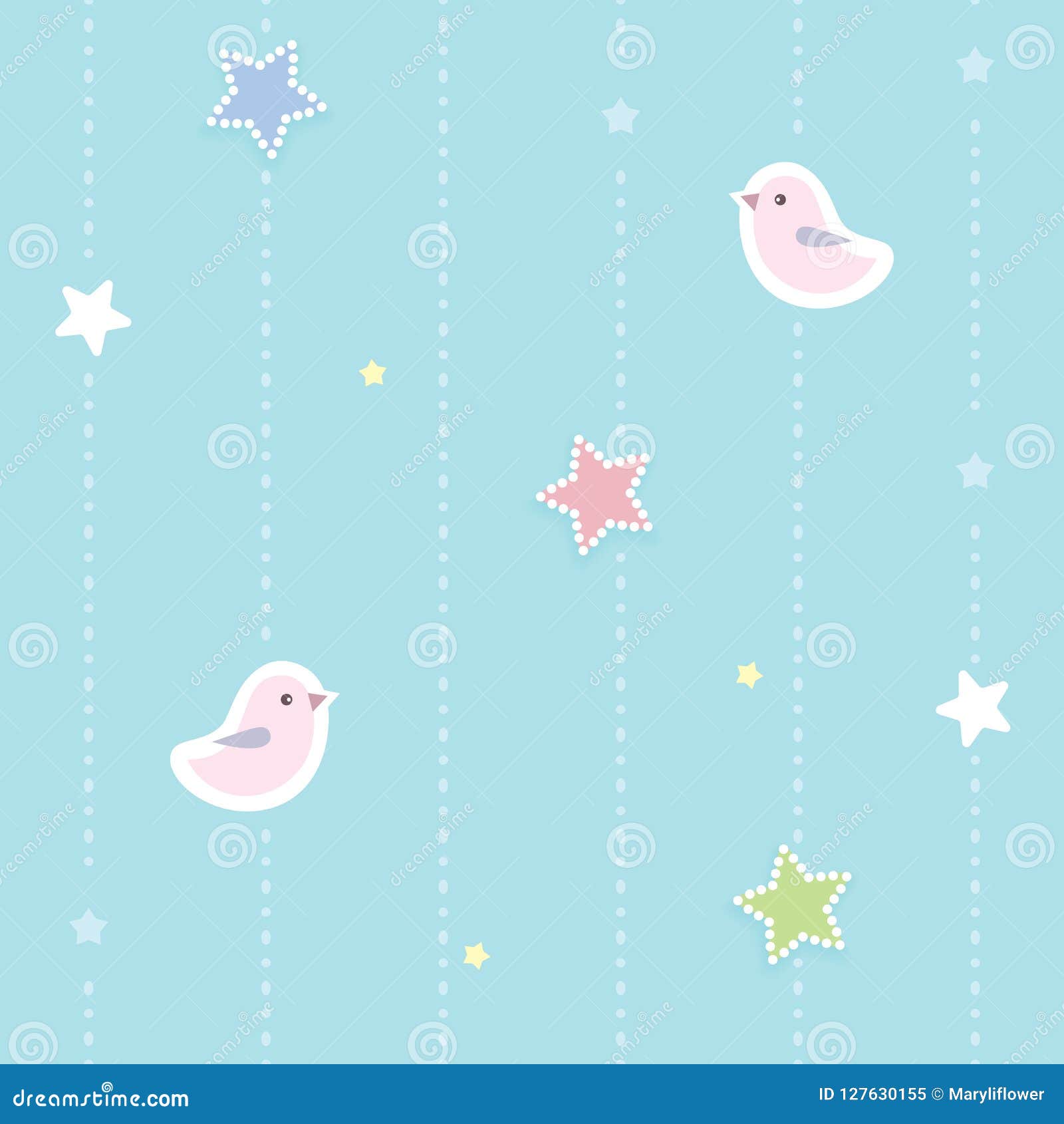 Cute Seamless Background with Colorful Dotted Stars and Pink Birds.  Children`s Bedroom, Baby Nursery Wallpaper. Stock Vector - Illustration of  backdrop, colorful: 127630155