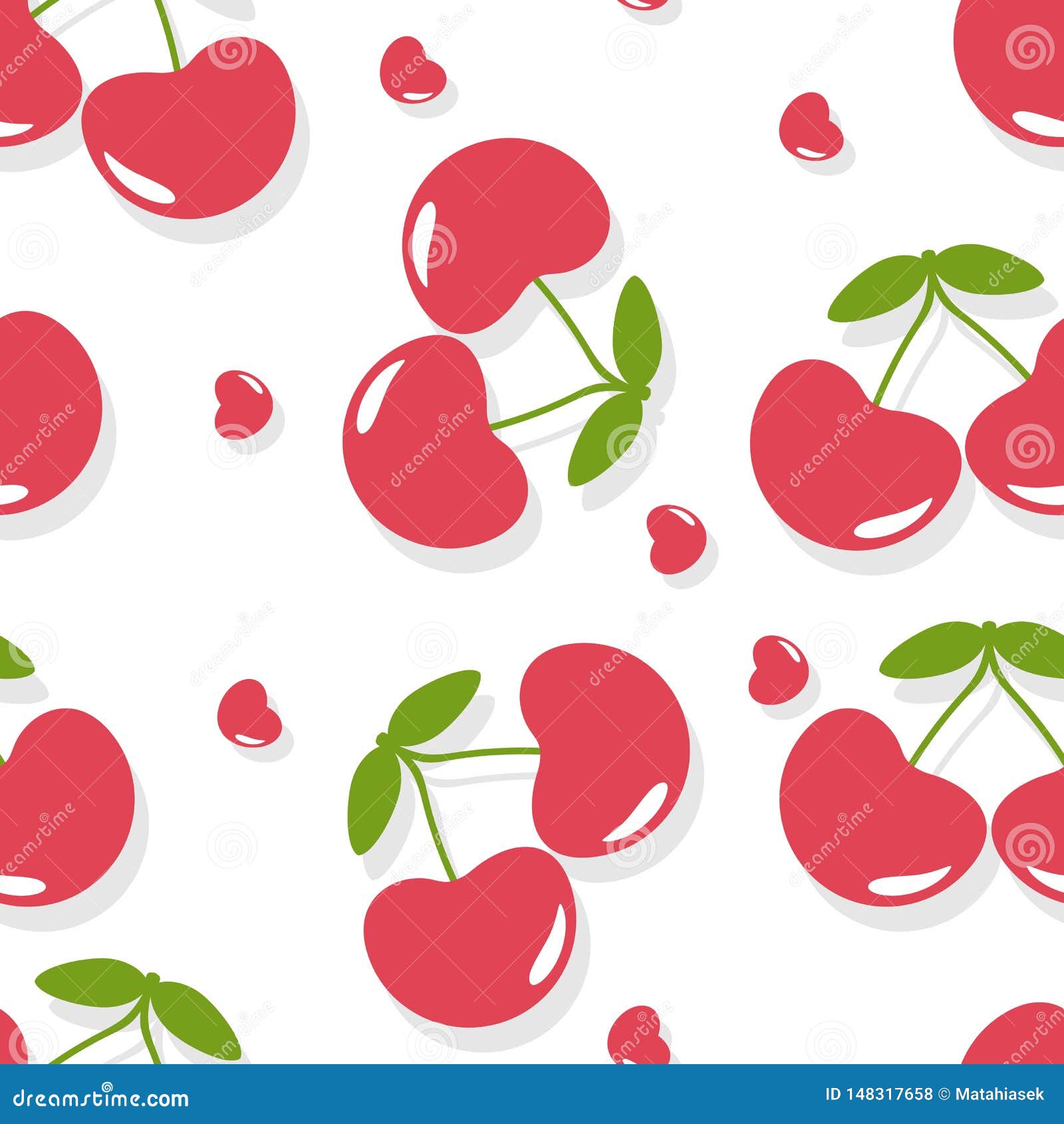 Cute Seamless Cherry Pattern with Hearts and Drop Shadow on White Background Stock Illustration